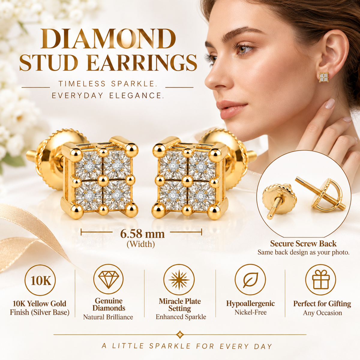 King Of Bling's 0.03ct Diamond Stud Earrings For Women Yellow 925 Sterling Silver Stud For Men KING OF BLINGS