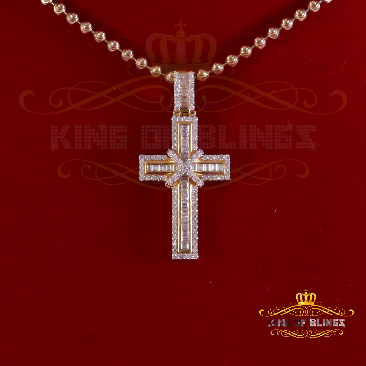 King Of Bling's Women's Yellow 925 Silver 2.0ct VVS D Clr. Moissanite Baguette Cross Pendant for KING OF BLINGS