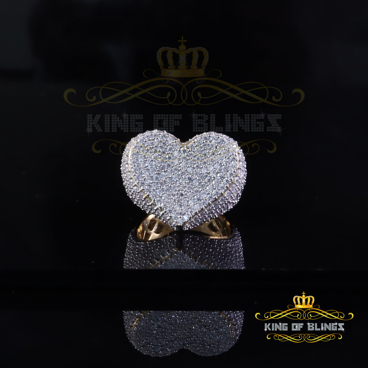 King of Bling's Women's 925 Yellow Silver 5.00ct Round VVS D Clr Moissanite Big Heart Ring SZ 7 King of Blings