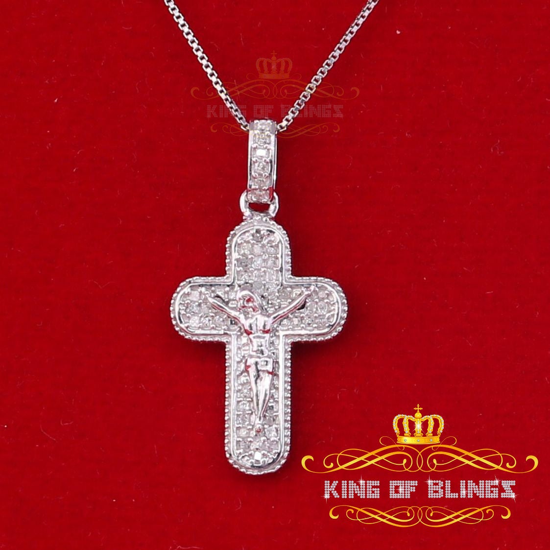 King Of Bling's Real 0.25ct Diamond Sterling Silver JESUS CROSS Charm Necklace Pendant in White