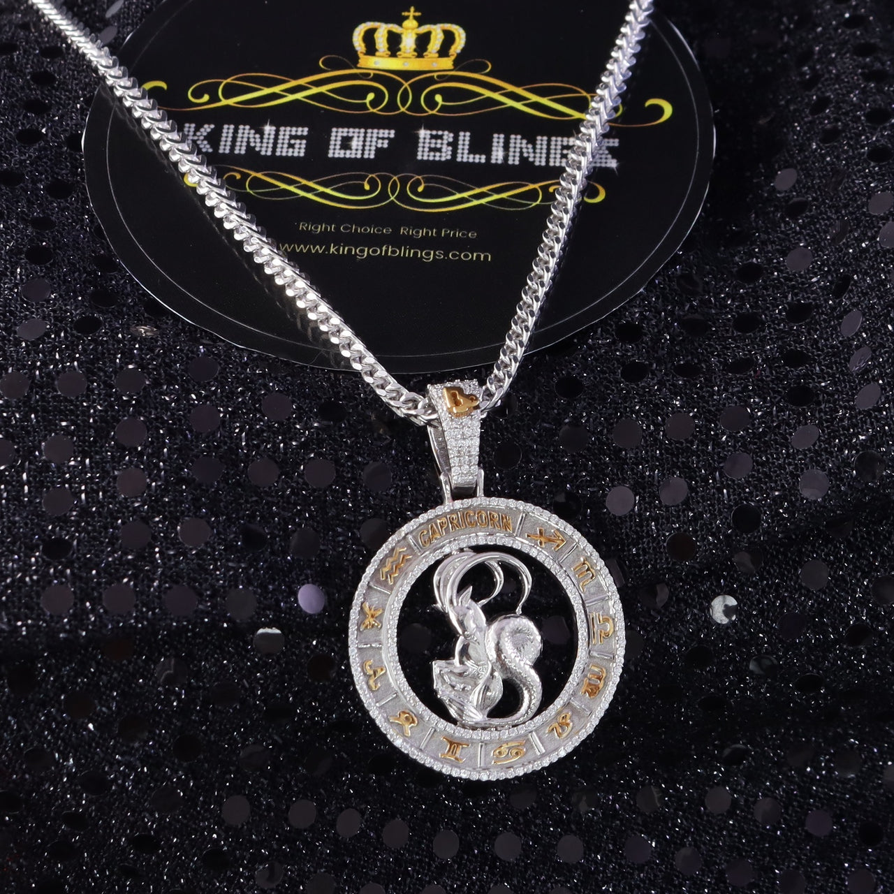 King Of Bling's Sterling White Silver CAPRICORN Pendant For Men & Women 1.77ct Cubic Zirconia