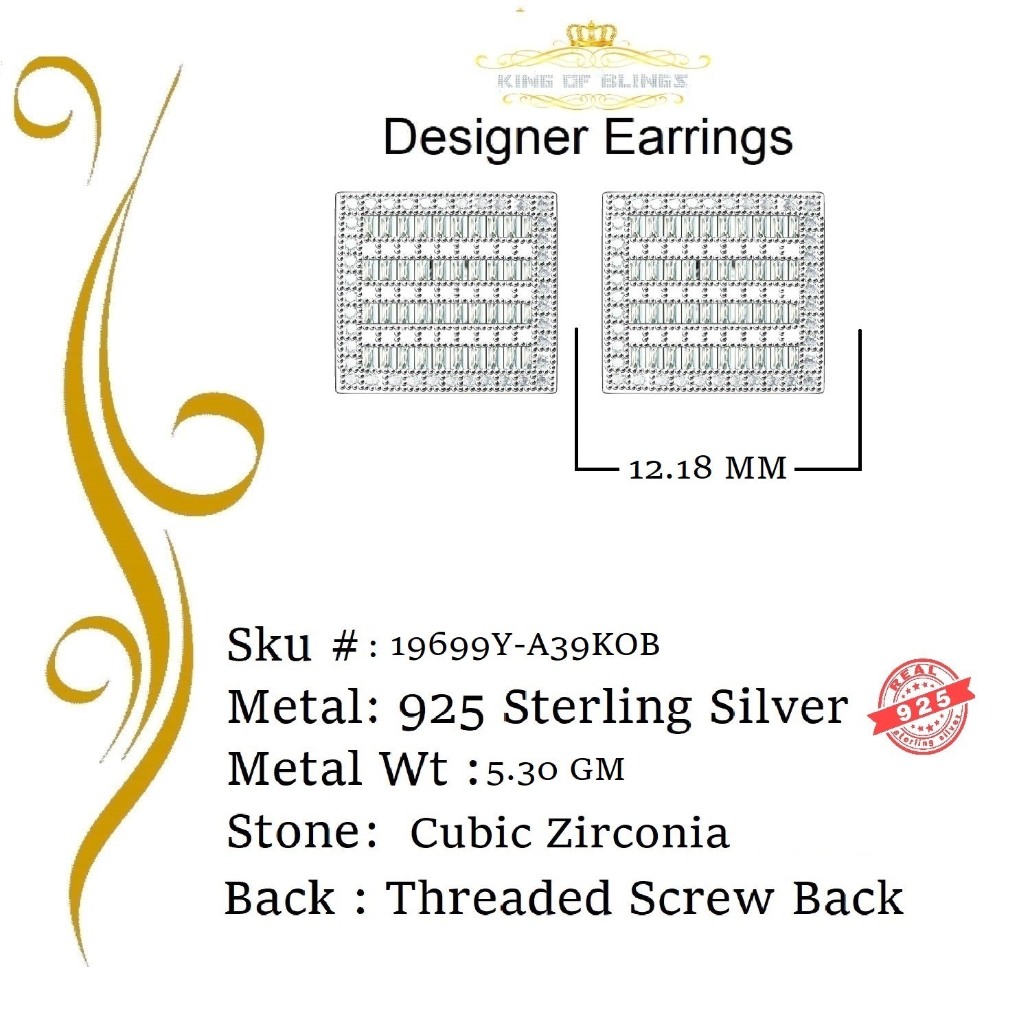 King of Bling's Hip Hop 925 Sterling Yellow Silver 1.60ct Cubic Zirconia Women Square Earrings KING OF BLINGS