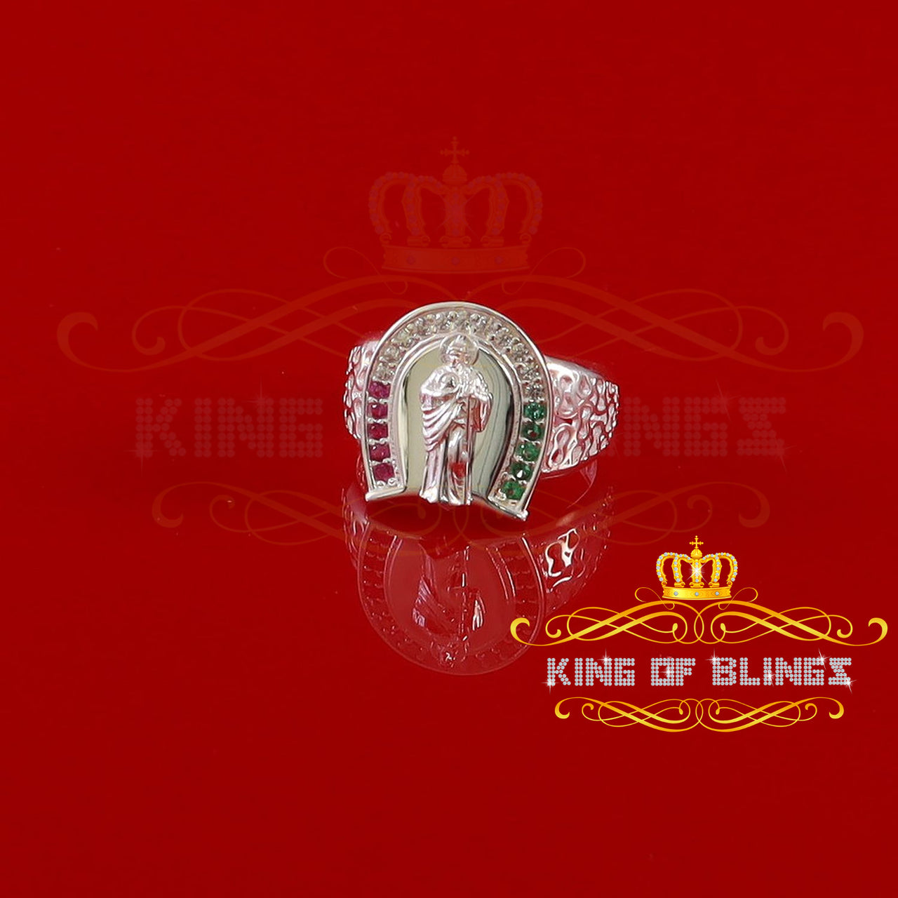 King Of Bling'sWhite 925 Silver Saint Jude Thaddeus Pink & Green CZ Horse Shoe Women Ring SZ 6