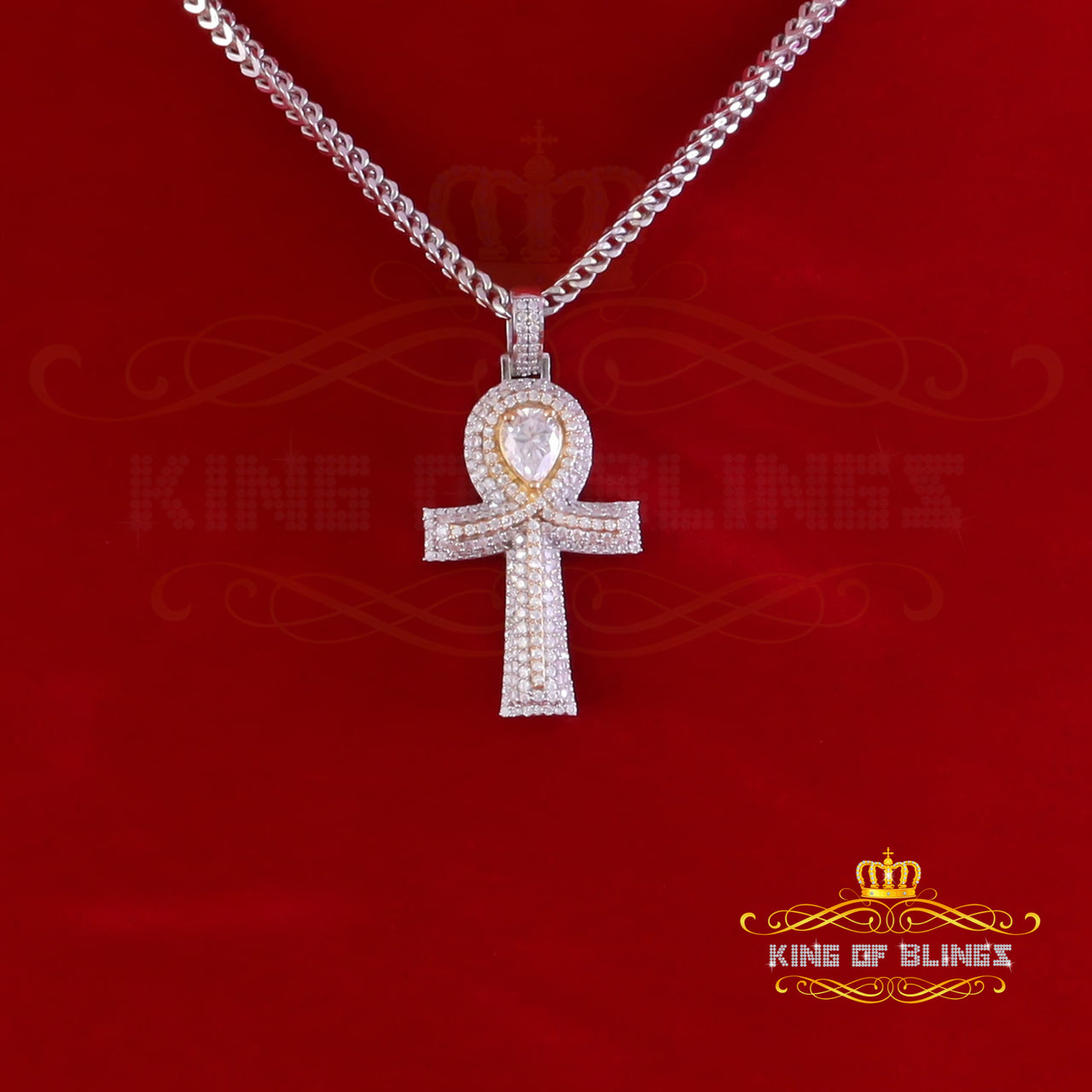 King Of Bling's 4.00ct VVS D Silver Moissanite Pear Shape Stone White Charm Ankh Men's Pendant KING OF BLINGS