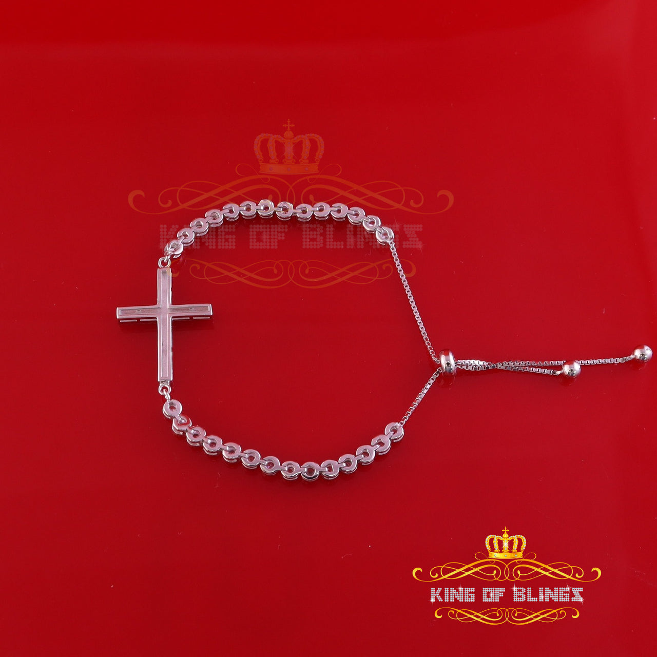 King Of Bling's White 925 Silver Cross Shape Men's/Women Bracelet Cubic Zirconia Adjustable SZ 7