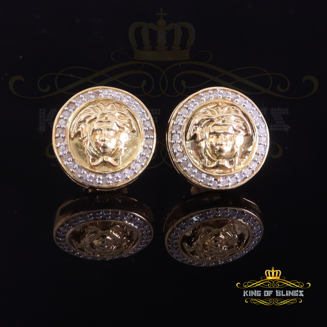 King of Blings-0.20ct Diamond 925 Sterling Yellow Silver for Men's & Womens Stud Medusa Earring
