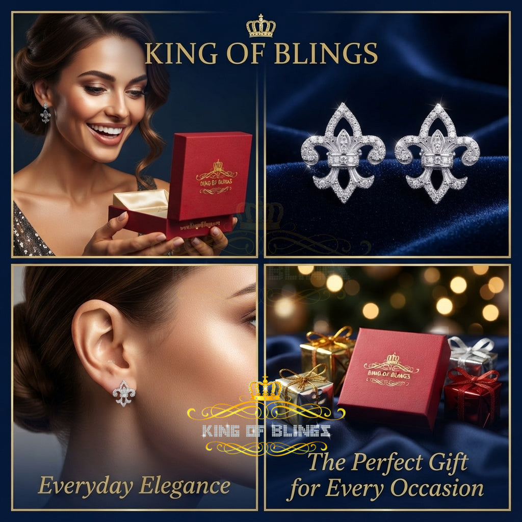 King of Bling's 0.60ct Cubic Zirconia 925 White Silver Women's Fleur de Lis Screw Back Earrings KING OF BLINGS