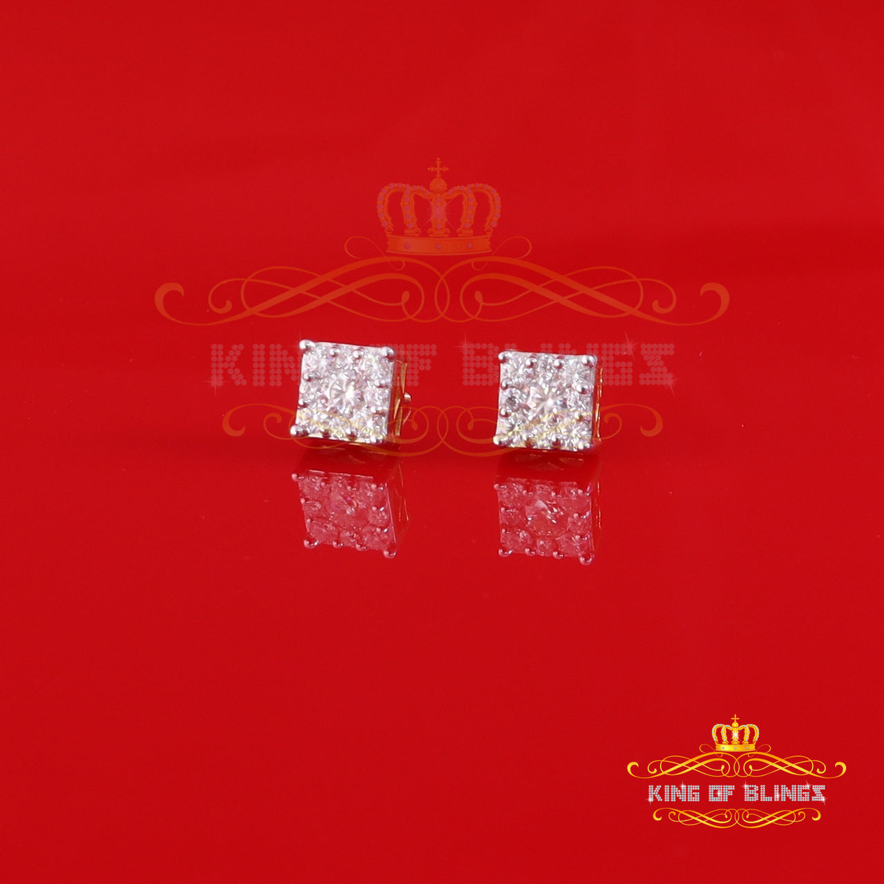 King Of Bling's Real Moissanite Stud Square Earrings 10k Real Yellow Gold 1.00ct VVS 'D' Color