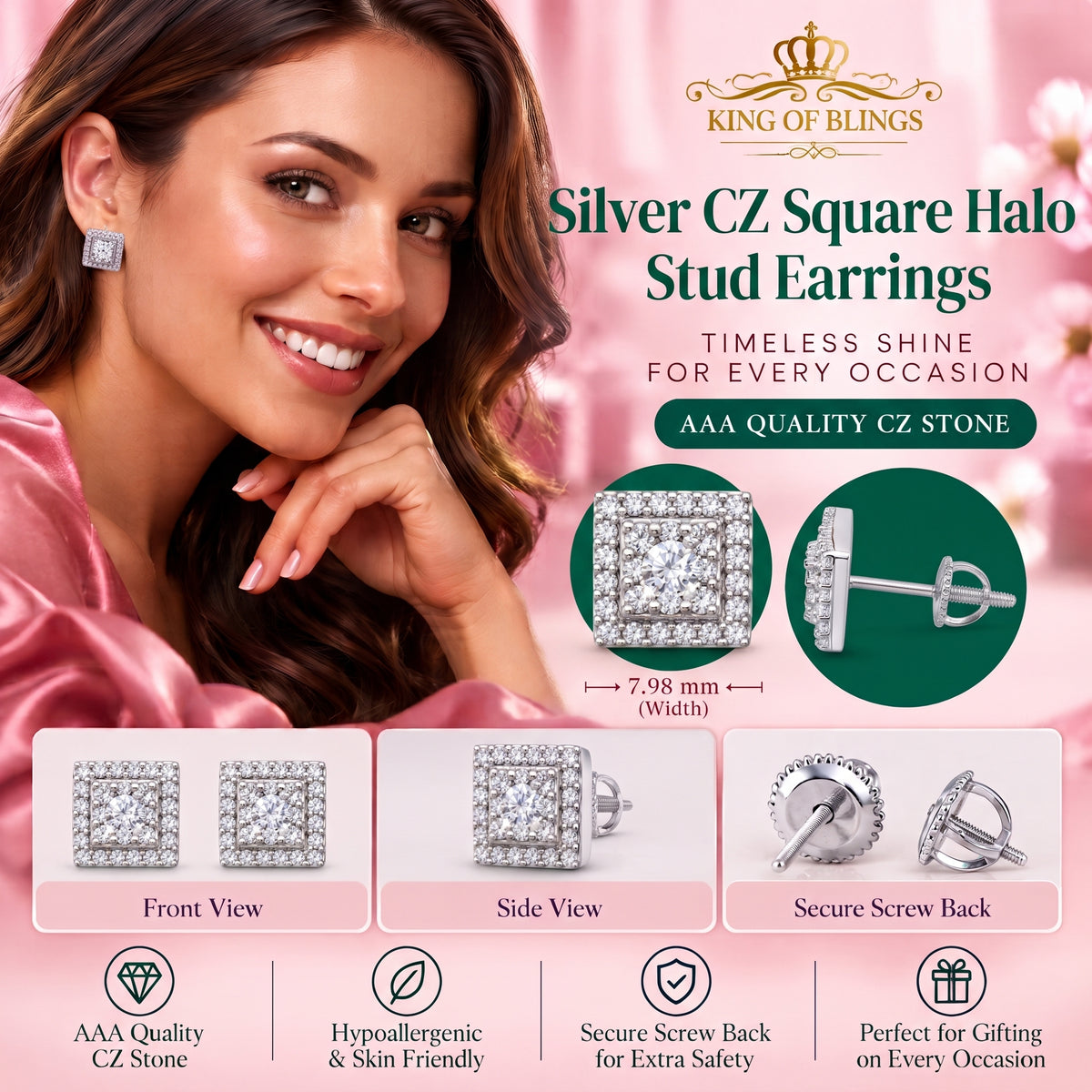 King of Bling's 1.2ct Cubic Zirconia 925 White Sterling Silver Women's Hip Hop Square Earrings KING OF BLINGS