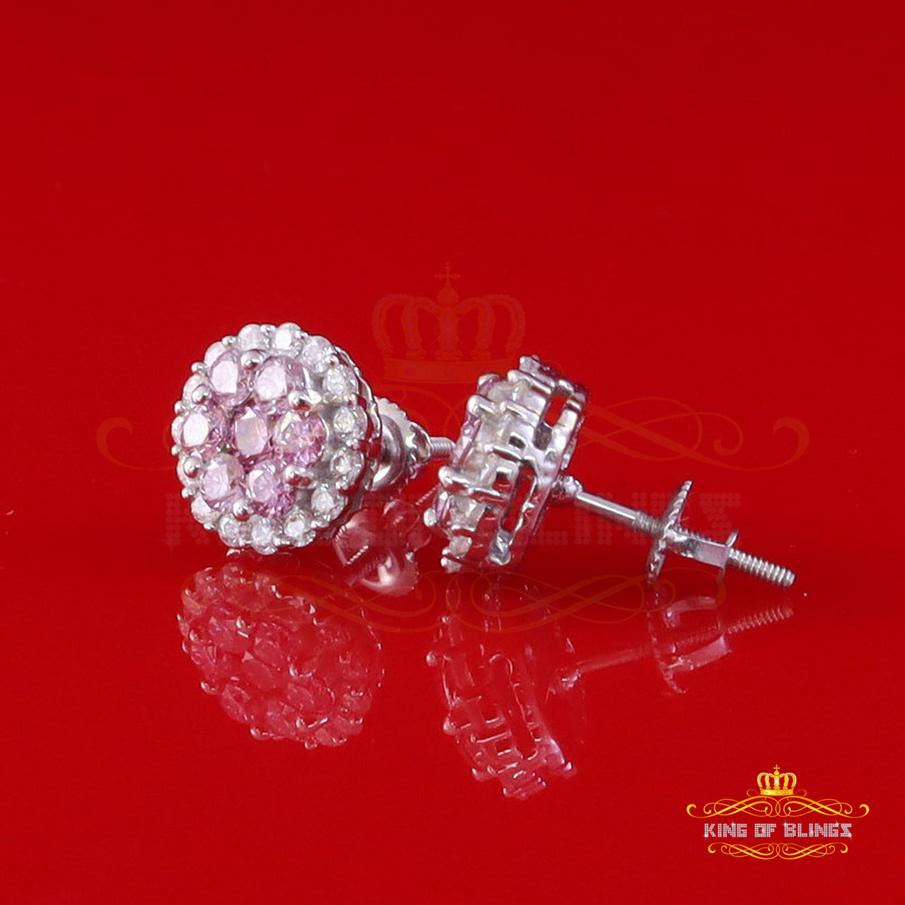 King of Bling's 925 Silver White 1.33ct VVS D Pink Moissanite Round Men's/Women's Stud Earrings