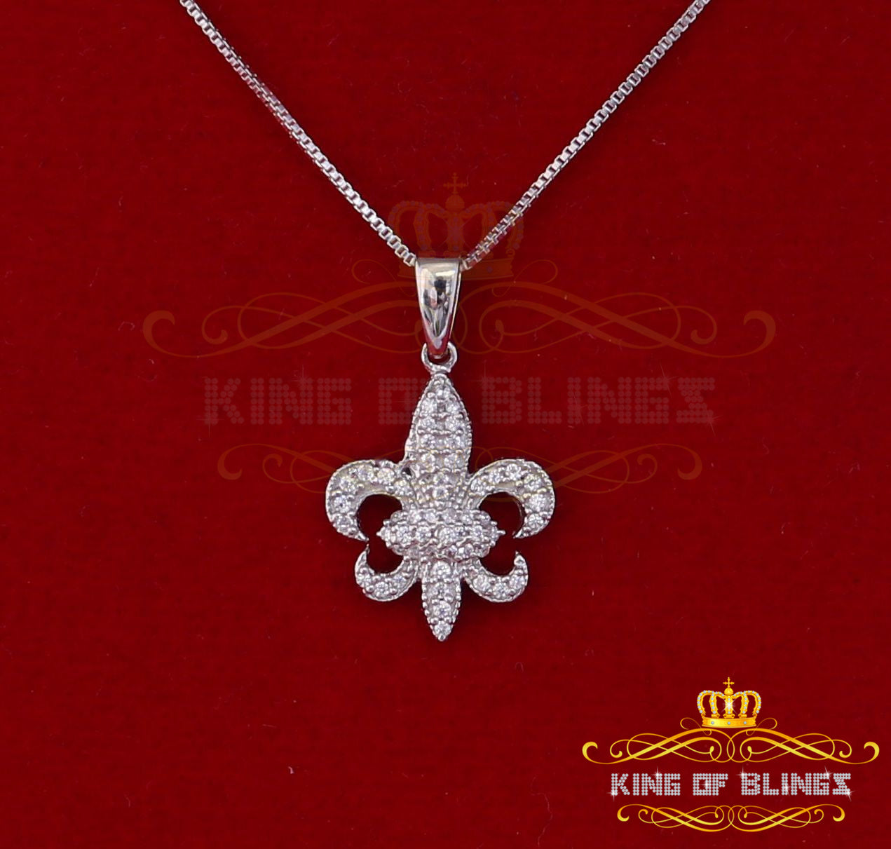 King Of Bling's 925 Sterling Silver Fleur de Lis White Shape Pendant with 0.45ct Cubic Zirconia