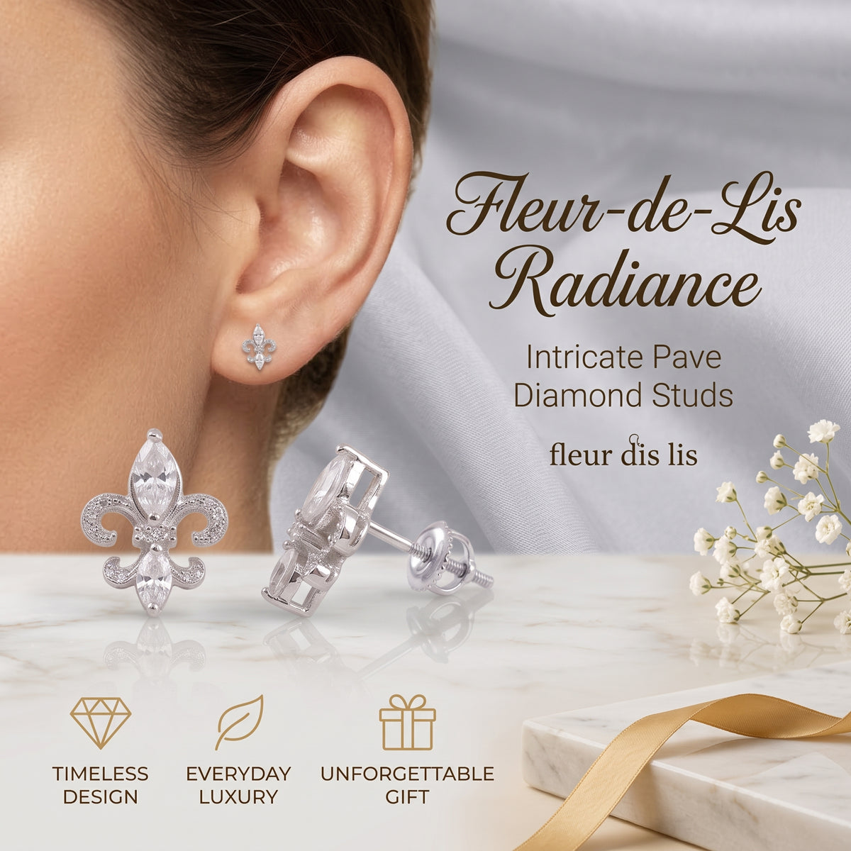 King of Bling's 925 White Silver Ladies Fleur de Lis Screw Back 2.43ct Cubic Zirconia Earrings KING OF BLINGS