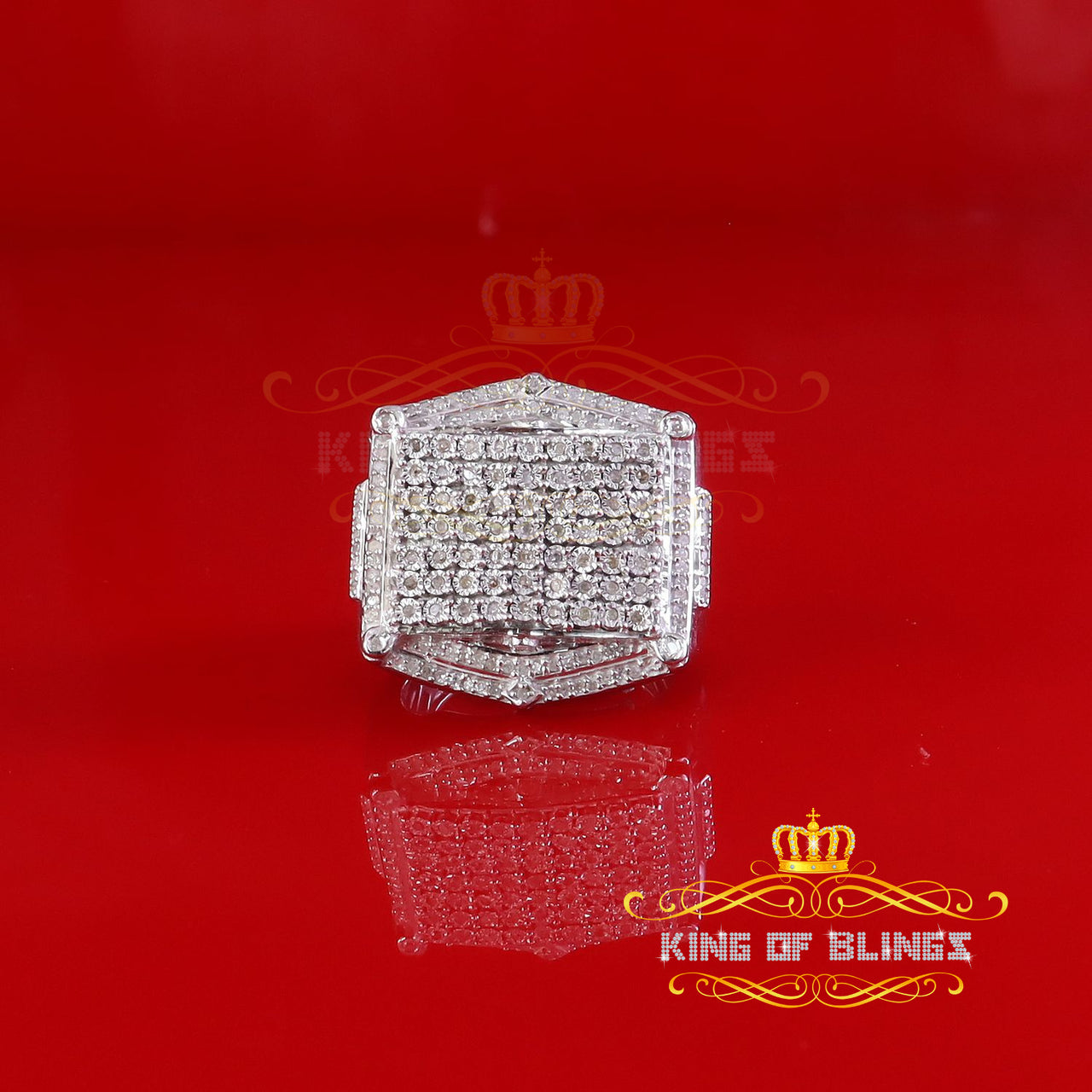 King Of Bling's Big Mirage Set 0.66ct Real Diamond 925 White Silver Square Men's Ring Size 10