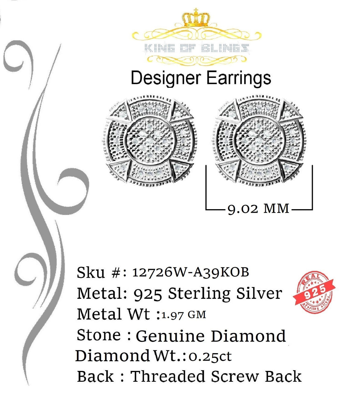 King of Bling's 925 Sterling White Silver 0.25ct Diamond For Women's/ Men's Circle Stud Earrings KING OF BLINGS