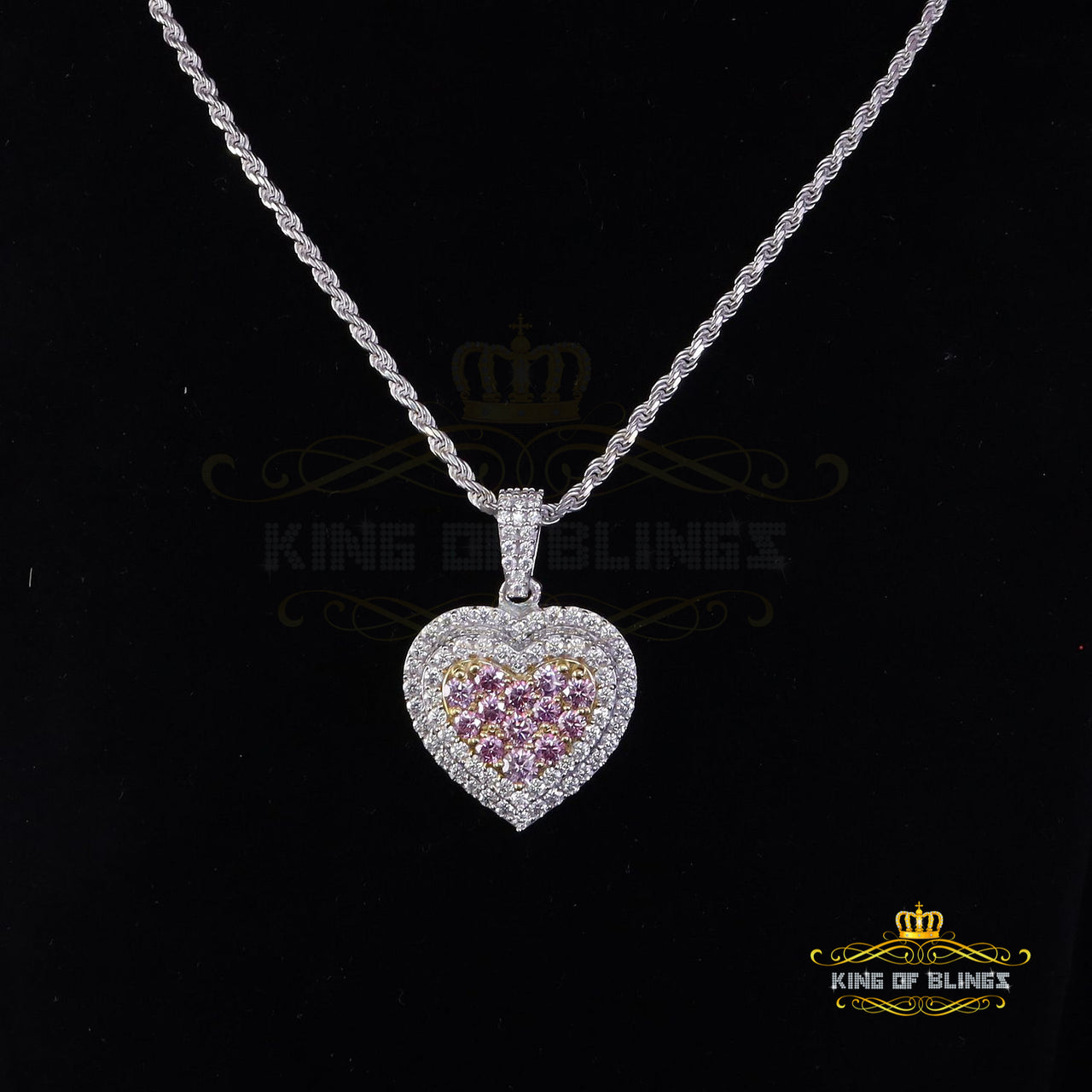 King Of Bling's Women's 925 Silver Yellow 11.00 ct VVS D Pink Moissanite 3D Heart Shaped Pendant