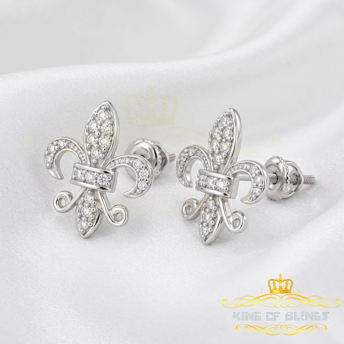King of Bling's 925 White Silver Women's Fleur de Lis Screw Back 0.36ct Cubic Zirconia Earrings KING OF BLINGS
