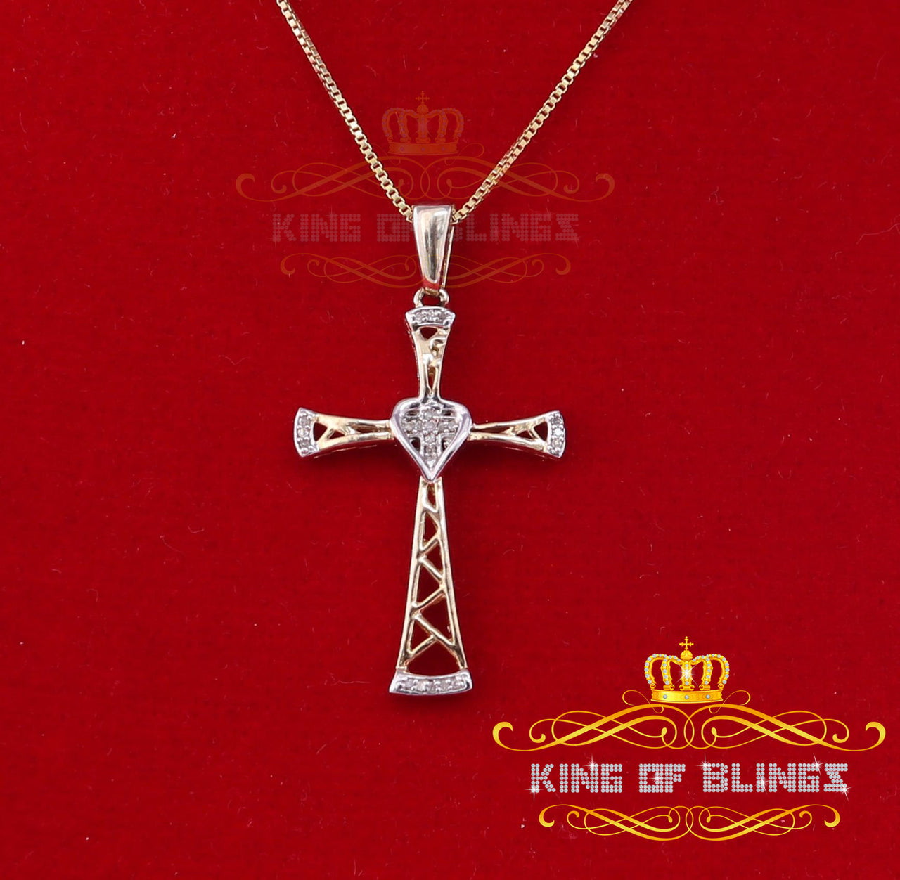 King Of Bling's Real 0.05ct Diamond 925 Sterling Silver CROSS Charm Necklace Yellow Pendant
