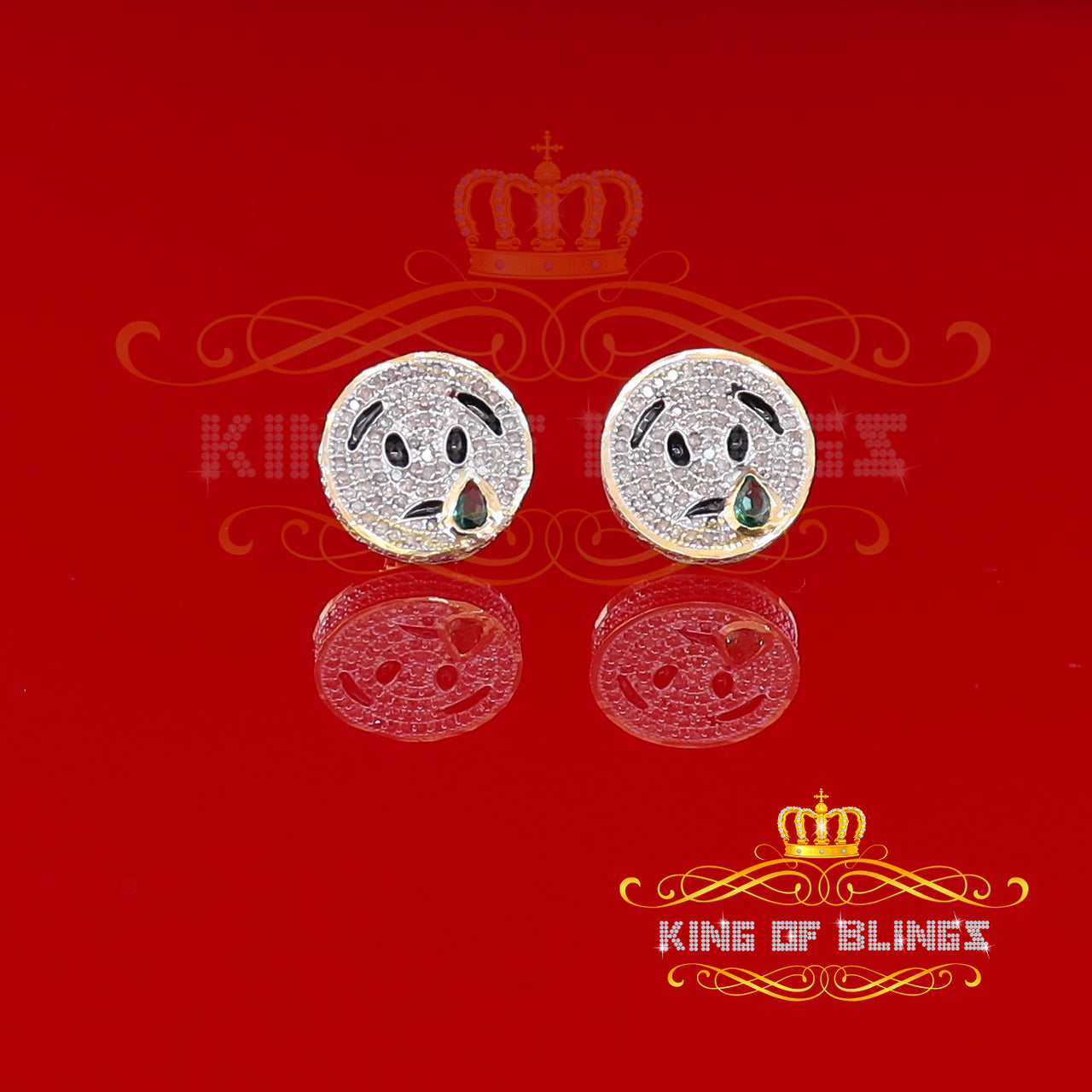 King of Blings-925 Sterling Yellow Silver 0.33ct Diamond Men's & Women's SAD Emoji Earring