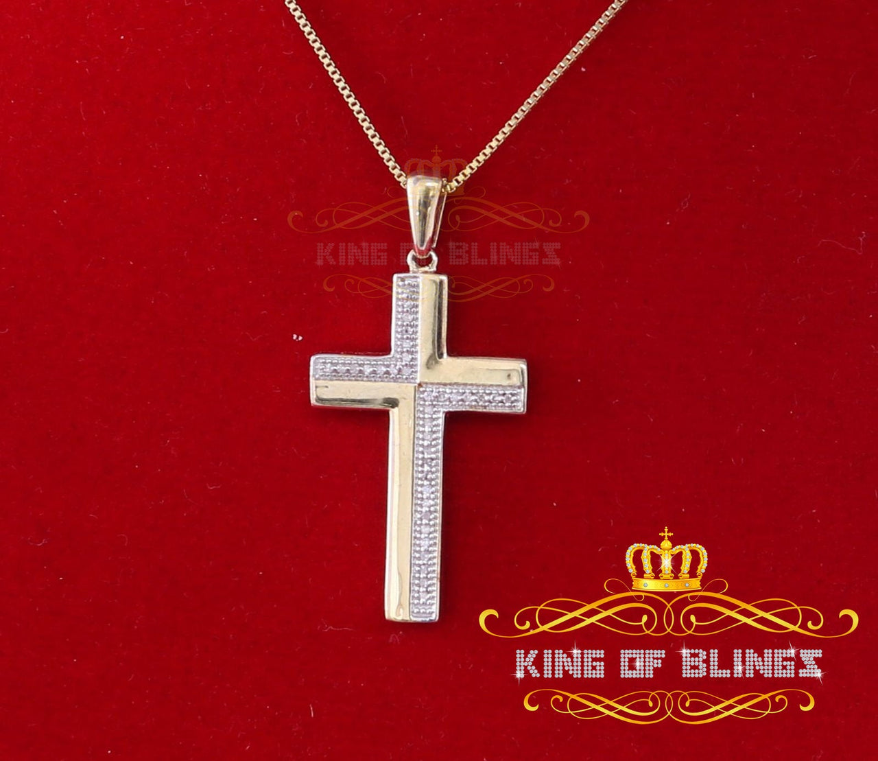 King Of Bling's Real 0.10ct Diamond 925 Sterling Silver CROSS with Necklace Yellow Pendant
