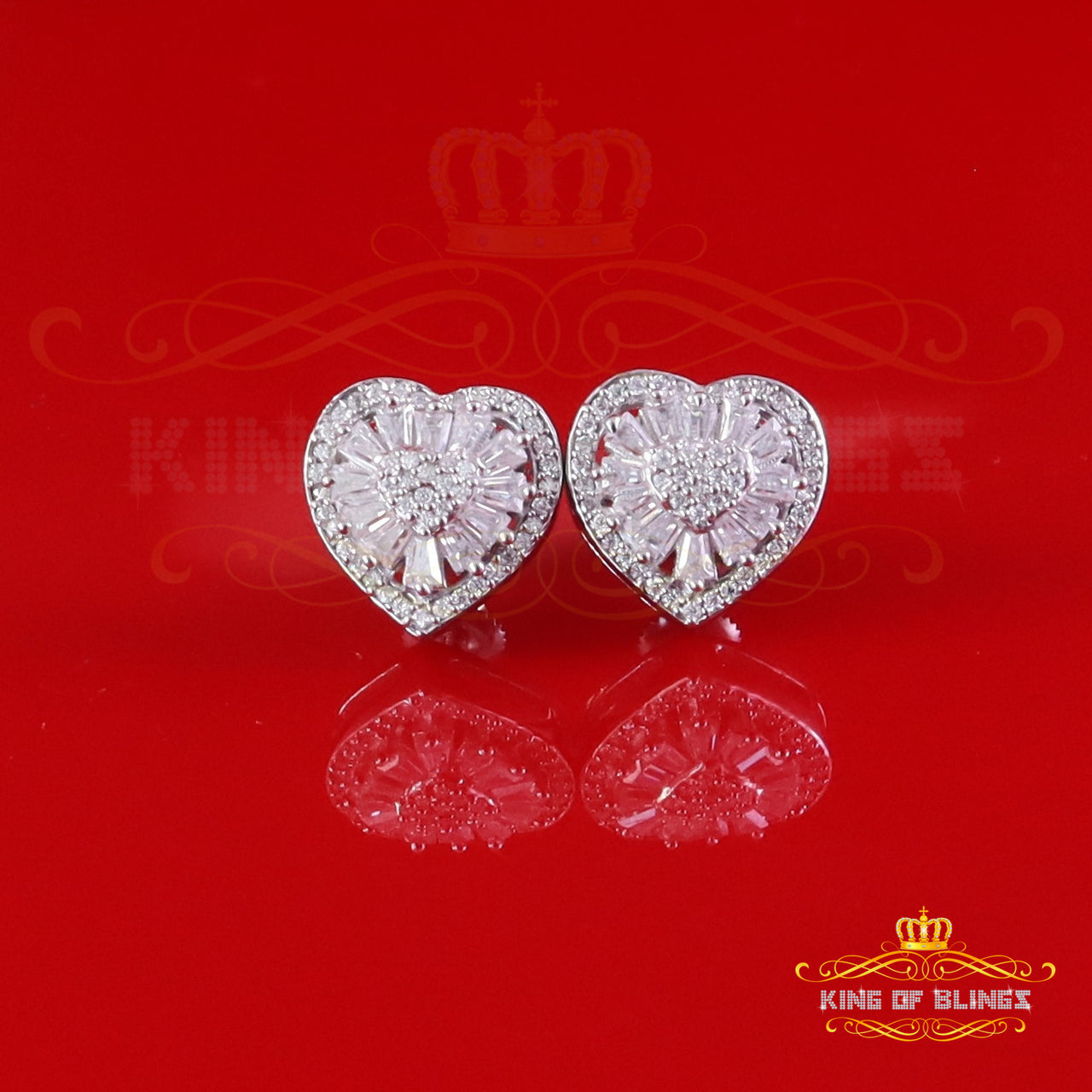 King of Bling's White Silver 1.0ct VVS 'D' Moissanite Floral Heart Stud Earring Men's/Womens King of Blings