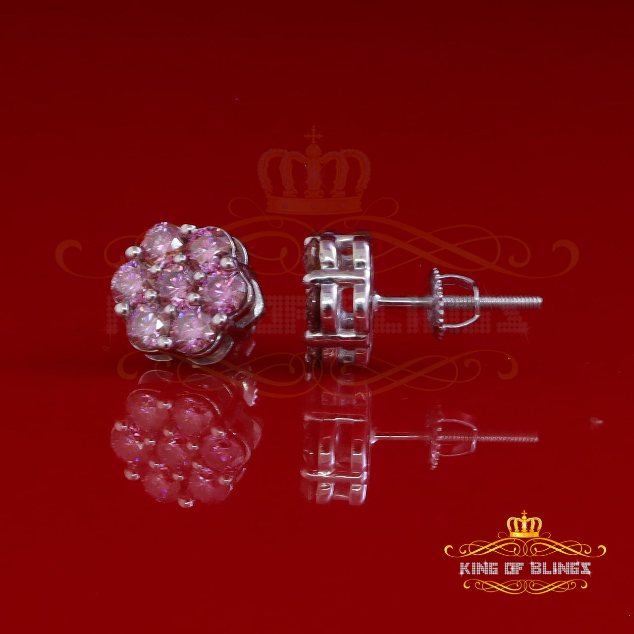 King of Bling's Men's/Women's 925 Silver White 1.66ct VVS D Pink Moissanite Floral Stud Earrings