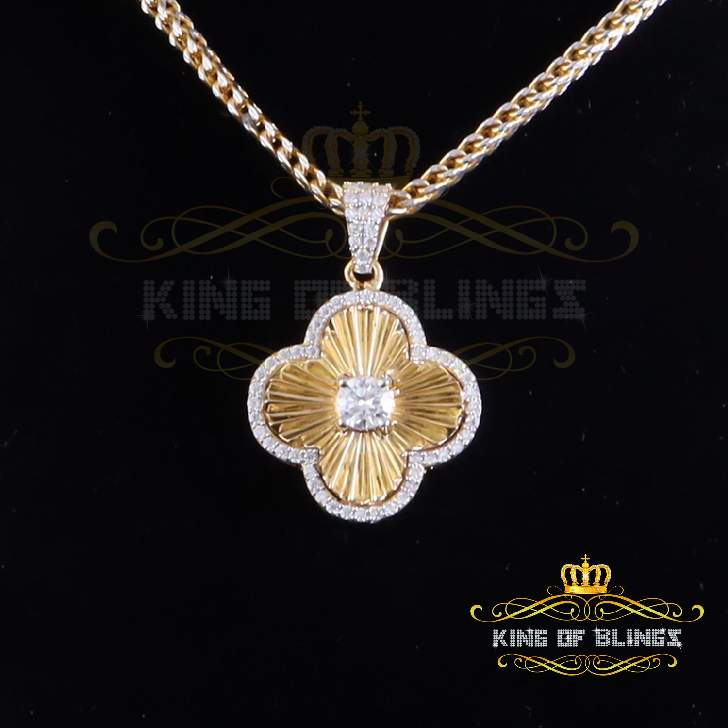 King Of Bling's 925 Silver Yellow Solitaire Moissanite 3.00ct For Women's Clover Charm Pendant KING OF BLINGS