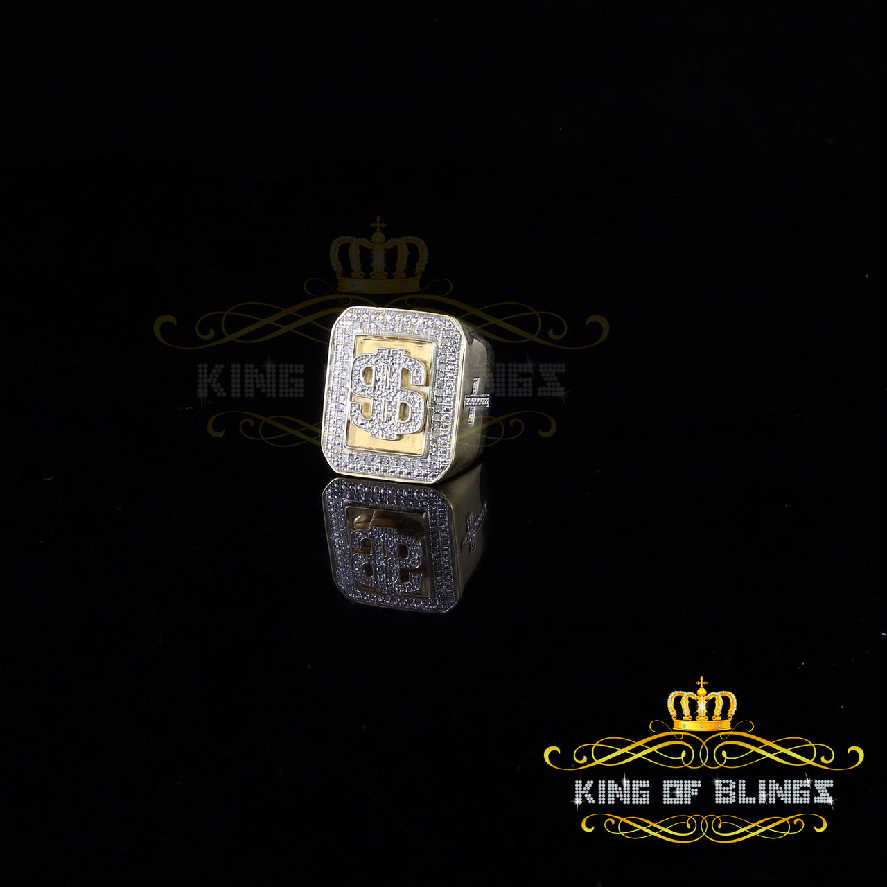 King Of Bling's Real 0.33 CT Diamond Men's 925 Silver Yellow Adjustable Ring From Size 10 to 12