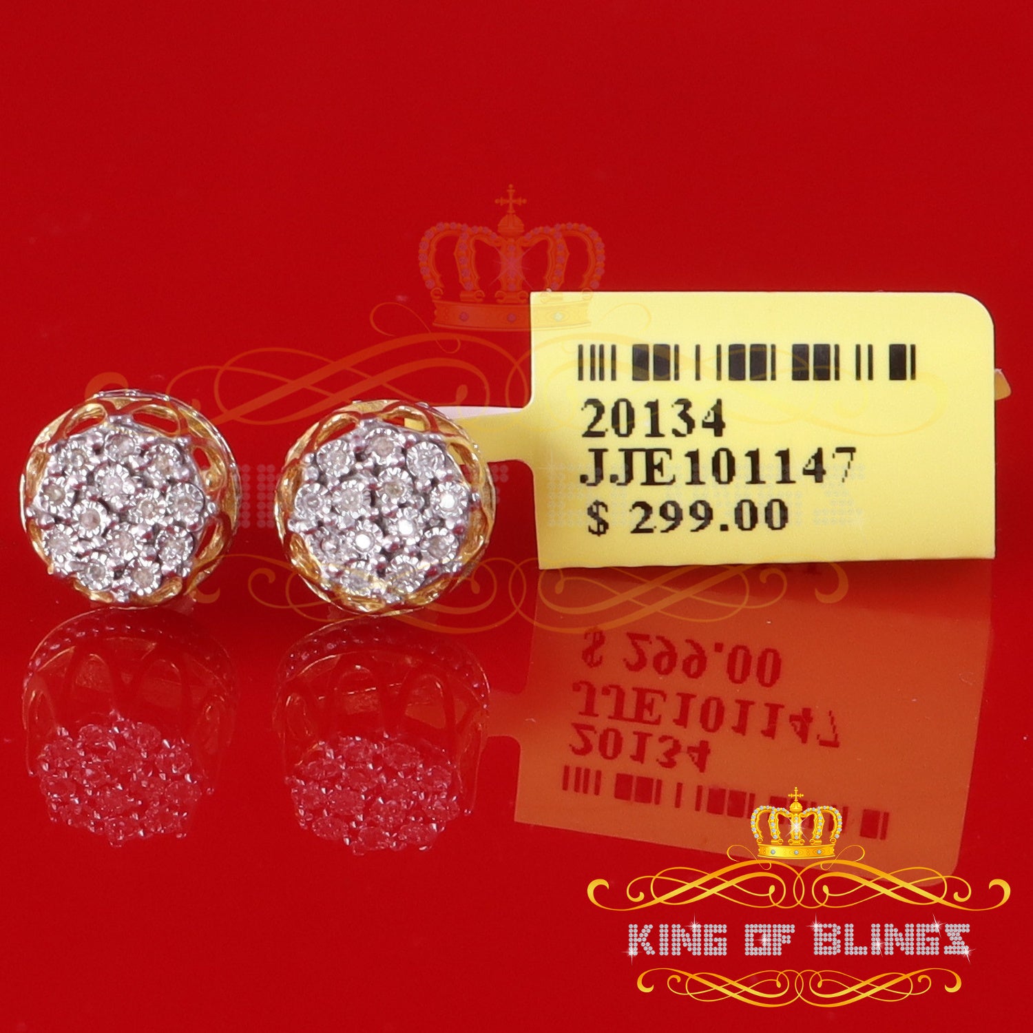 King of Blings-0.07ct Diamond 925 Sterling Yellow Silver For Men's & Womens Stud Round Earring KING OF BLINGS