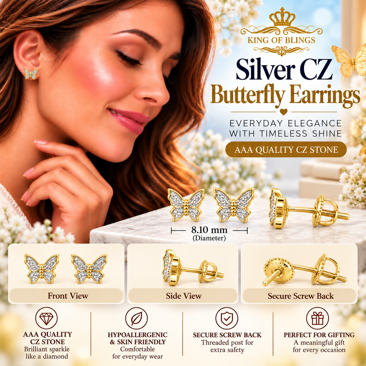 King of Bling's Women's 0.17ct Cubic Zirconia Butterfly Stud Earrings Yellow 925 Sterling Silver KING OF BLINGS