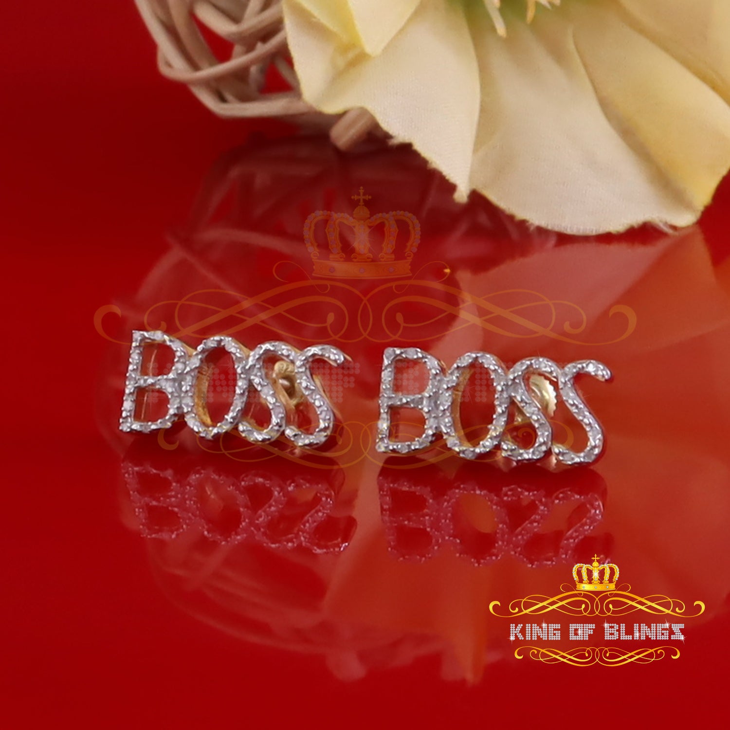 King of Blings-925 Sterling Silver Yellow Natural BOSS Women's 0.20 Ct Diamonds Stud Earrings KING OF BLINGS