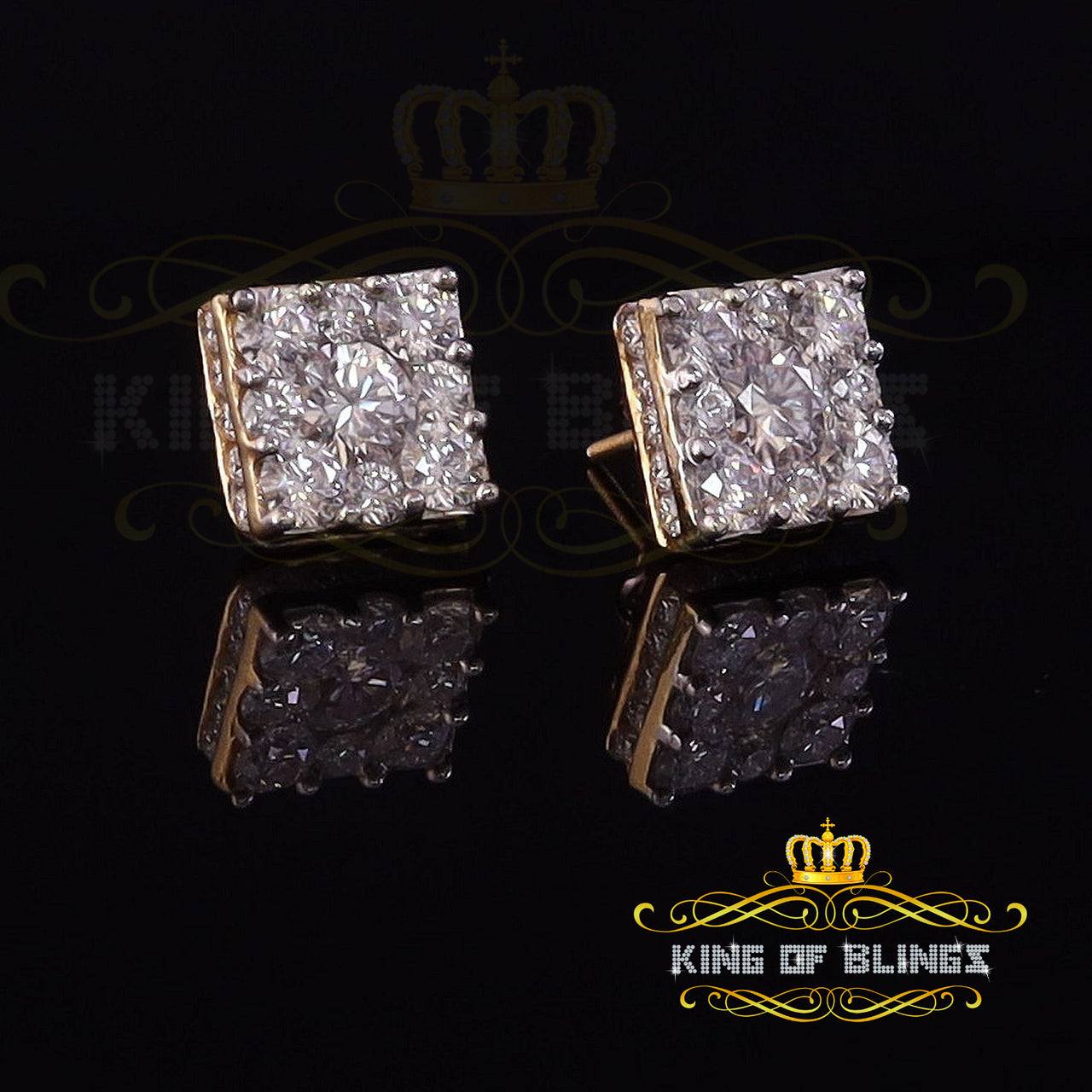 King Of Bling's Real Moissanite Square Earrings 10k Real Yellow Gold 4.50ct VVS 'D' Color