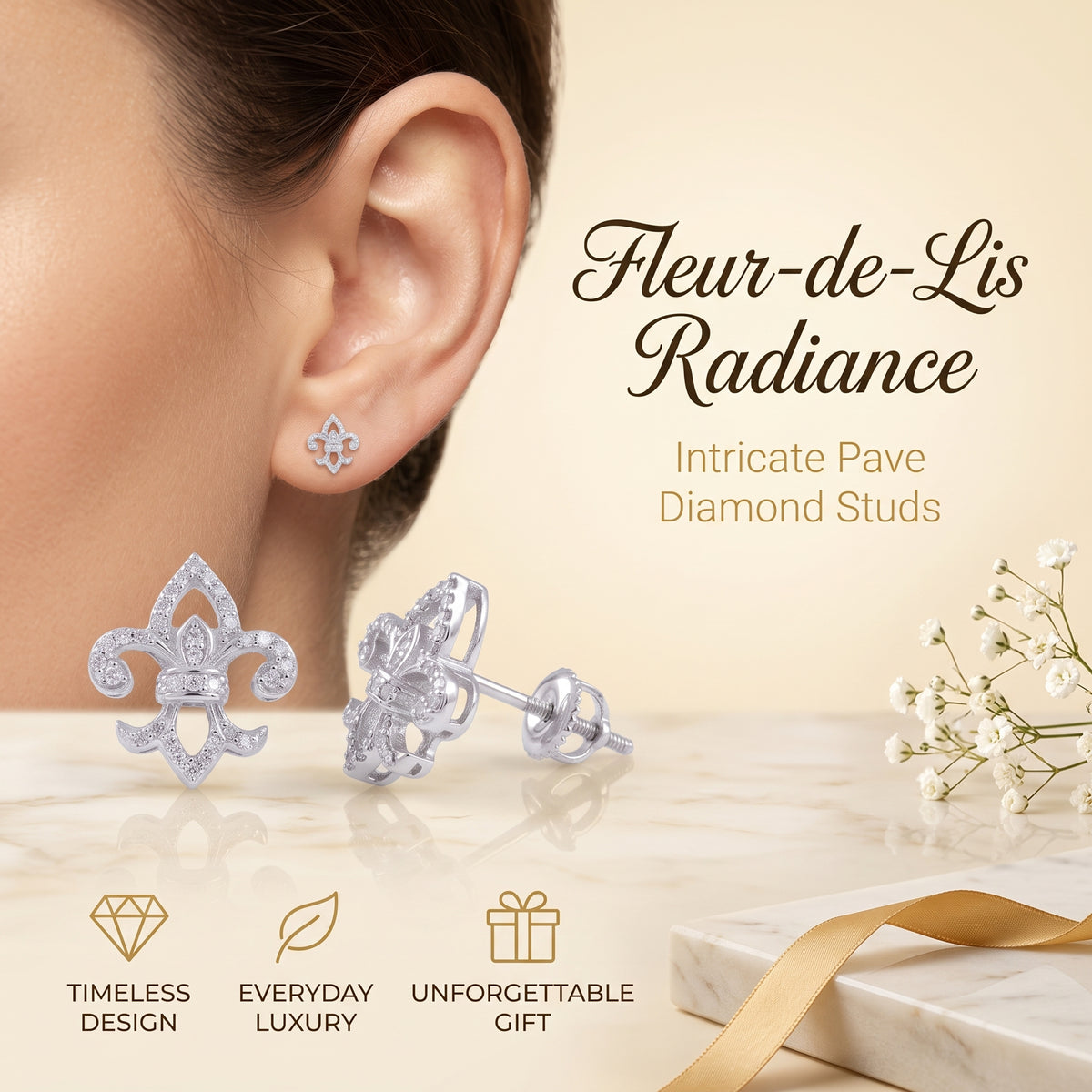 King of Bling's 0.60ct Cubic Zirconia 925 White Silver Women's Fleur de Lis Screw Back Earrings KING OF BLINGS