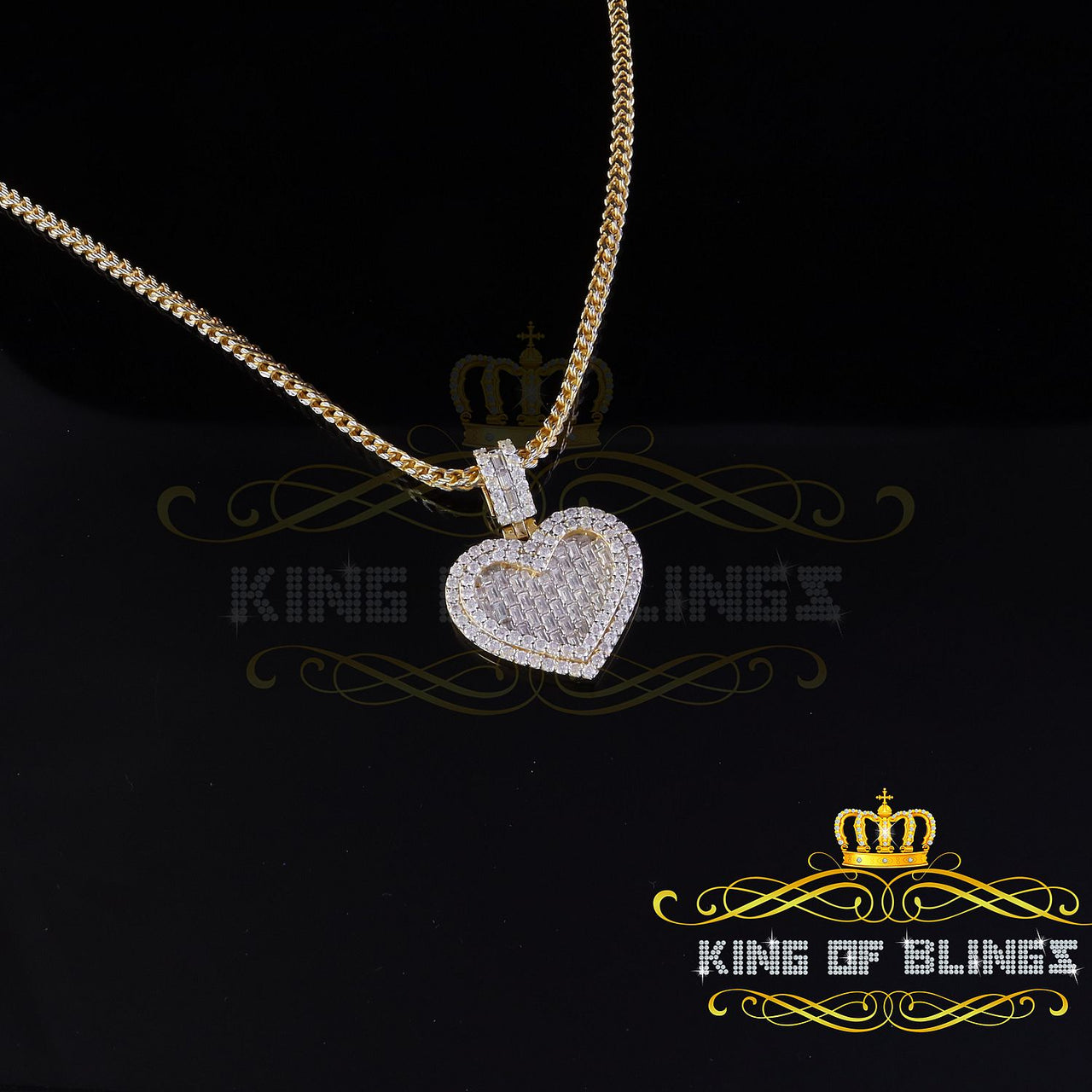 King Of Bling's 925 Silver Yellow Baguette Heart Pendant 7.50ct VVS D Moissanite for Women's