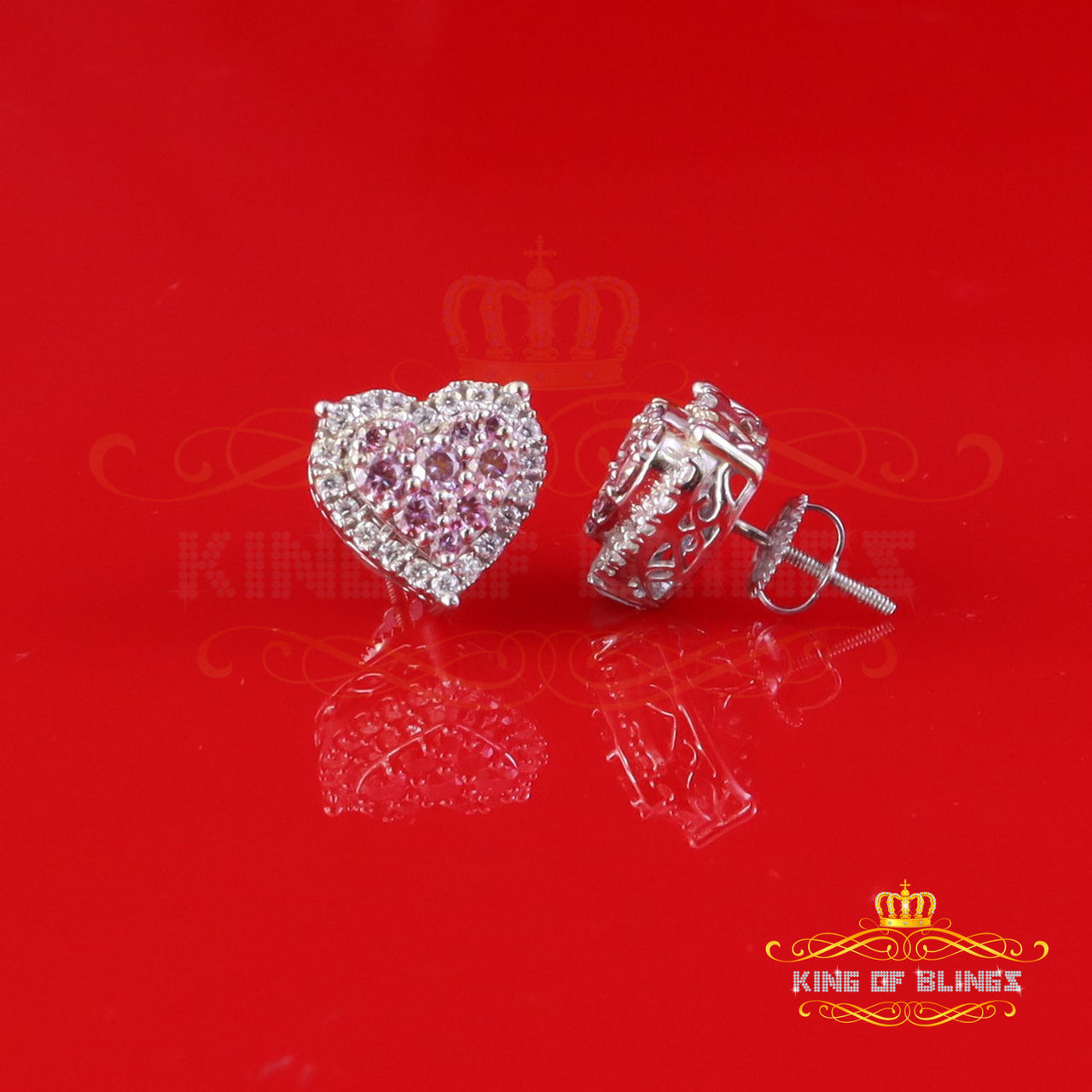 King of Bling's New Men's/Women's 1.66 ct VVS D Pink Moissanite 925 Silver White Heart Earrings