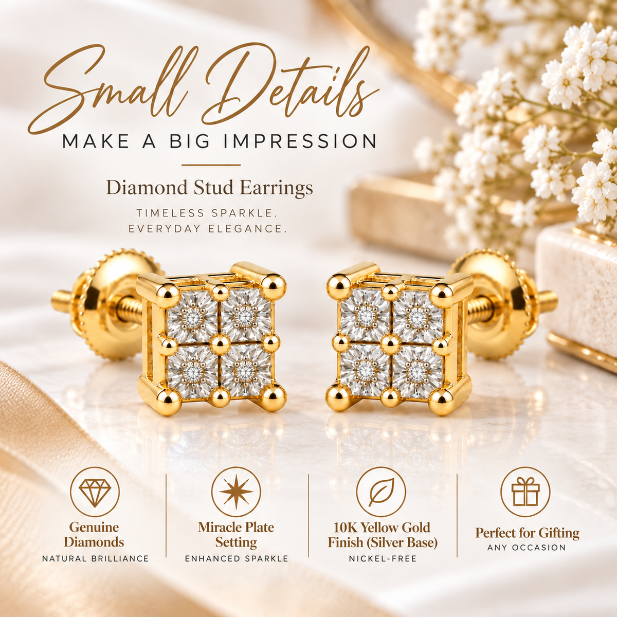 King Of Bling's 0.03ct Diamond Stud Earrings For Women Yellow 925 Sterling Silver Stud For Men KING OF BLINGS