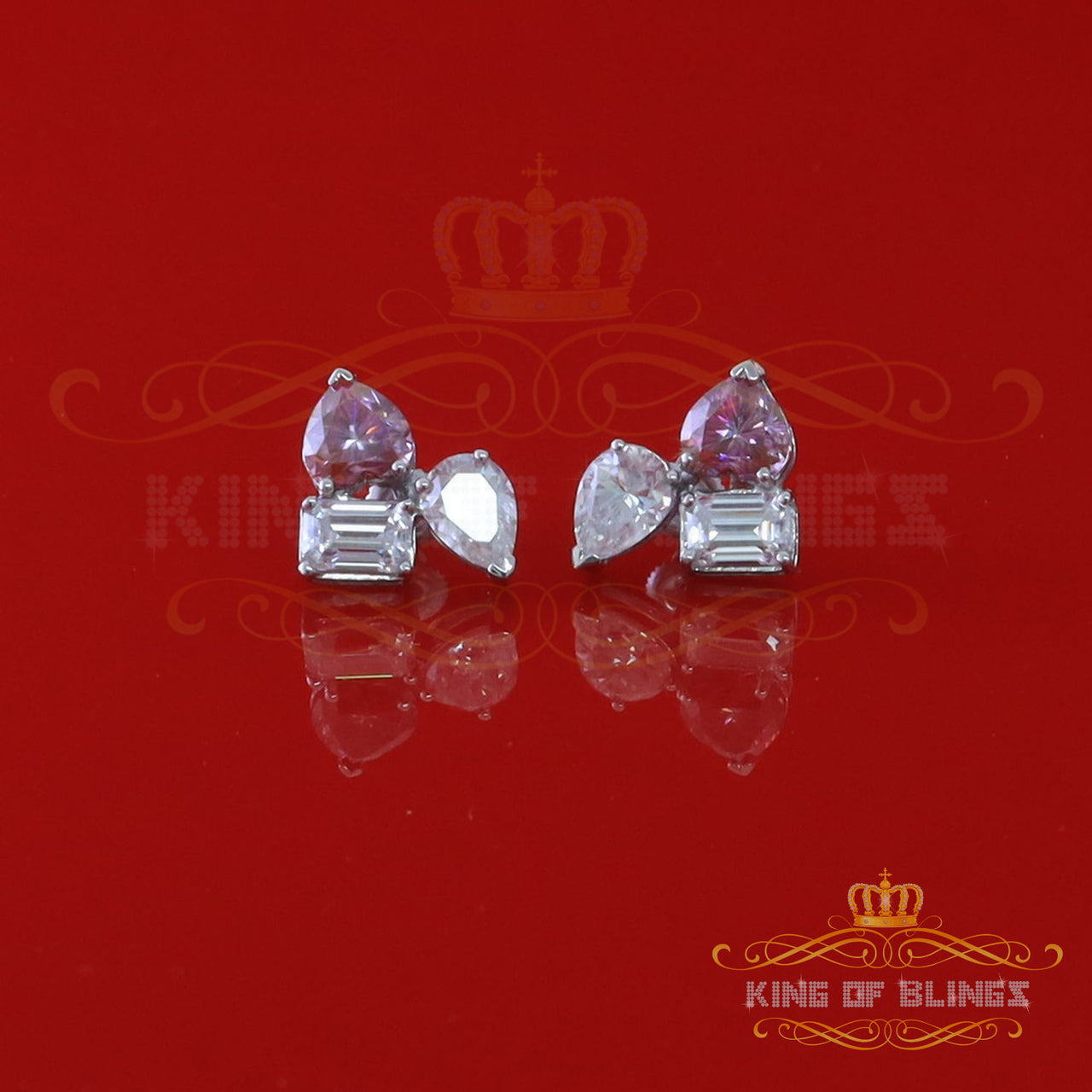 King of Bling's Women's 925 Silver White 5.00ct VVS 'D' Pink Moissanite Toi et Moi Stud Earrings