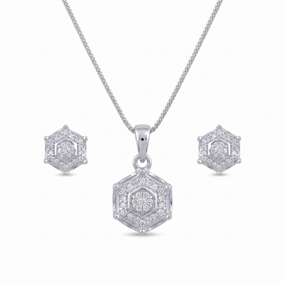 King of Bling's 925 White Sterling Silver 0.25 CTW Genuine Diamond Round Hexagonal Shape Pendant & Earrings Set King of Blings