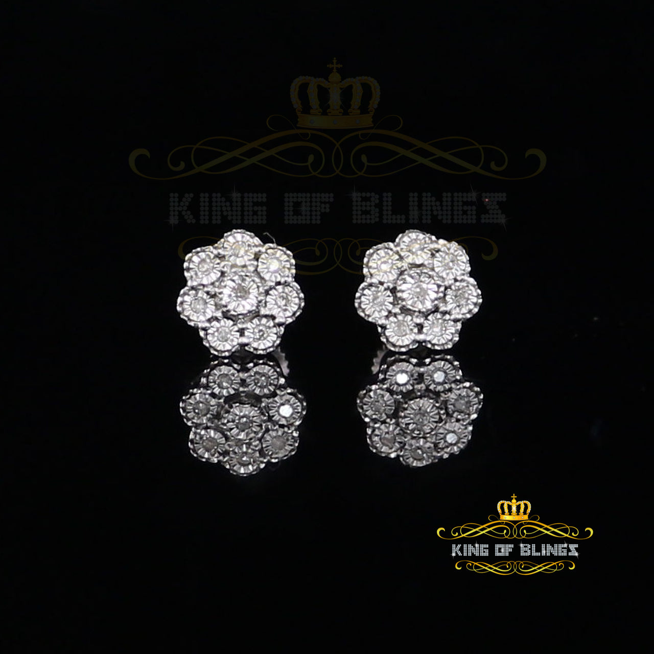 King Of Bling's 0.10ct Diamond 925 Sterling Silver White Floral Earrings For Men's & Women's