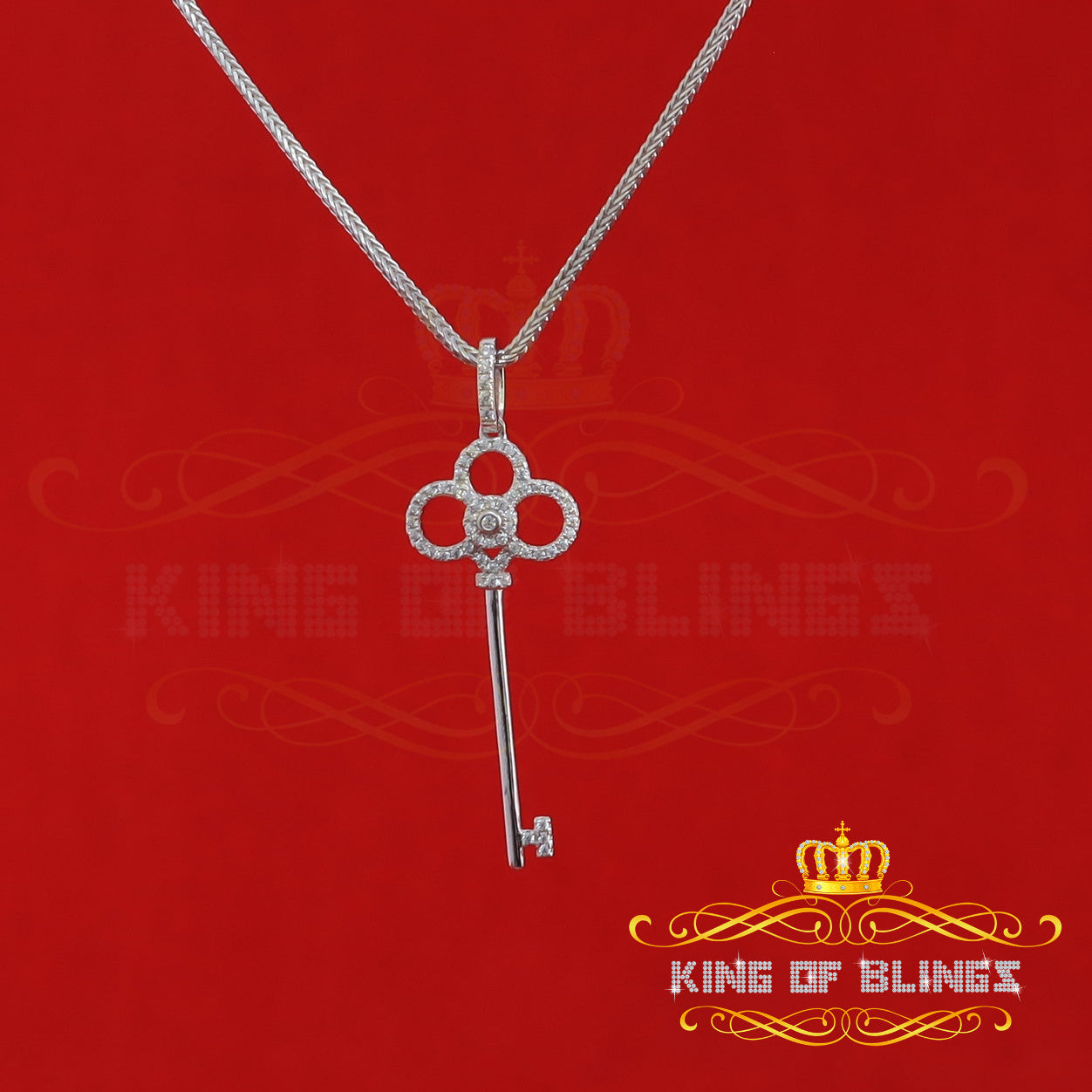 King Of Bling's 925 White Sterling Silver Charm Key Shape Pendant with 0.71ct Cubic Zirconia