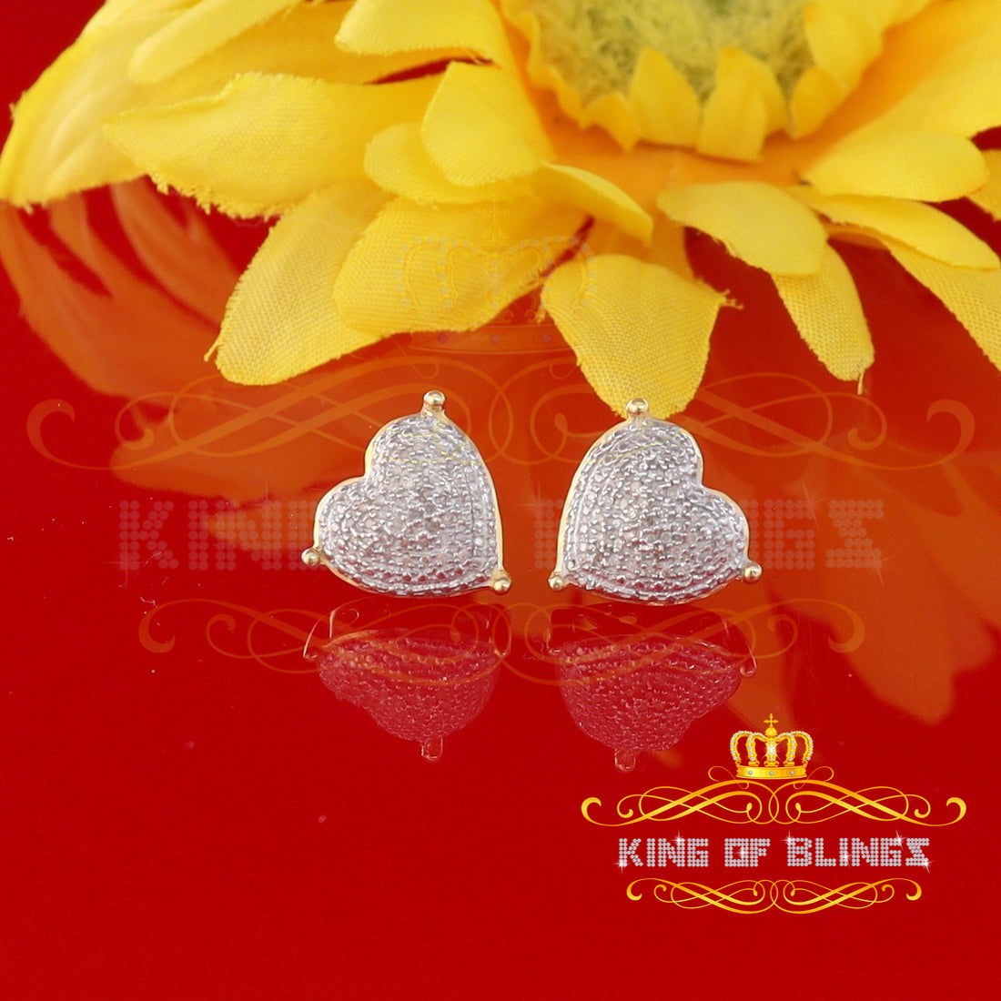 King of Blings-Style Heart 925 Yellow Silver 0.25ct Diamond Women's & Men's Fashion Earrings KING OF BLINGS