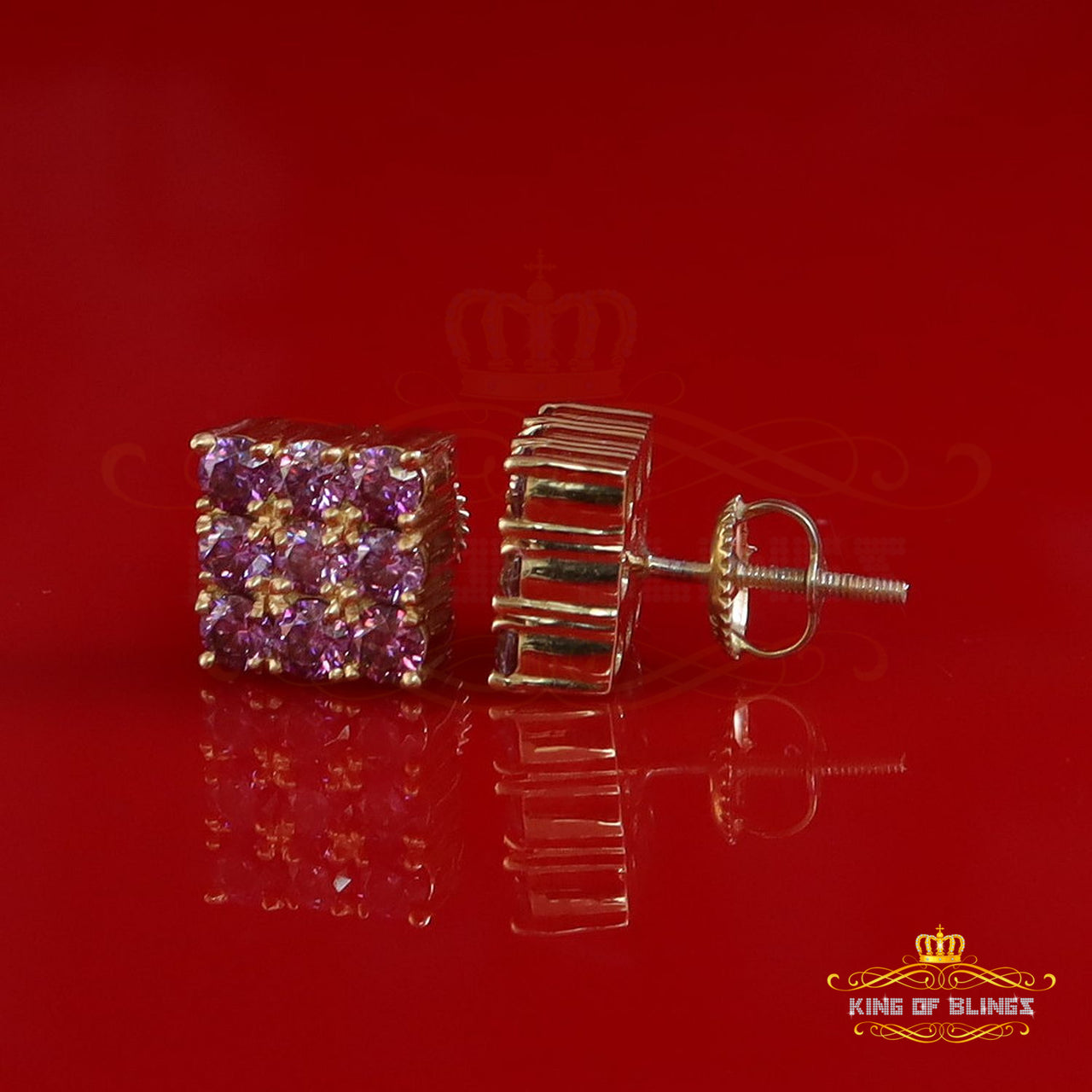 King  of Bling's 925 Silver Yellow 2.25ct VVS D Pink Moissanite Men/Women's Square Stud Earrings