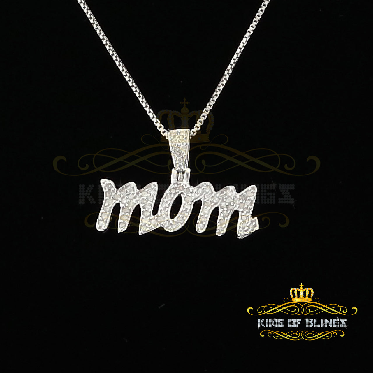 King Of Bling's White 925 Sterling Silver Real 0.25CT Diamond MOM'S Charm Necklace Pendant KING OF BLINGS