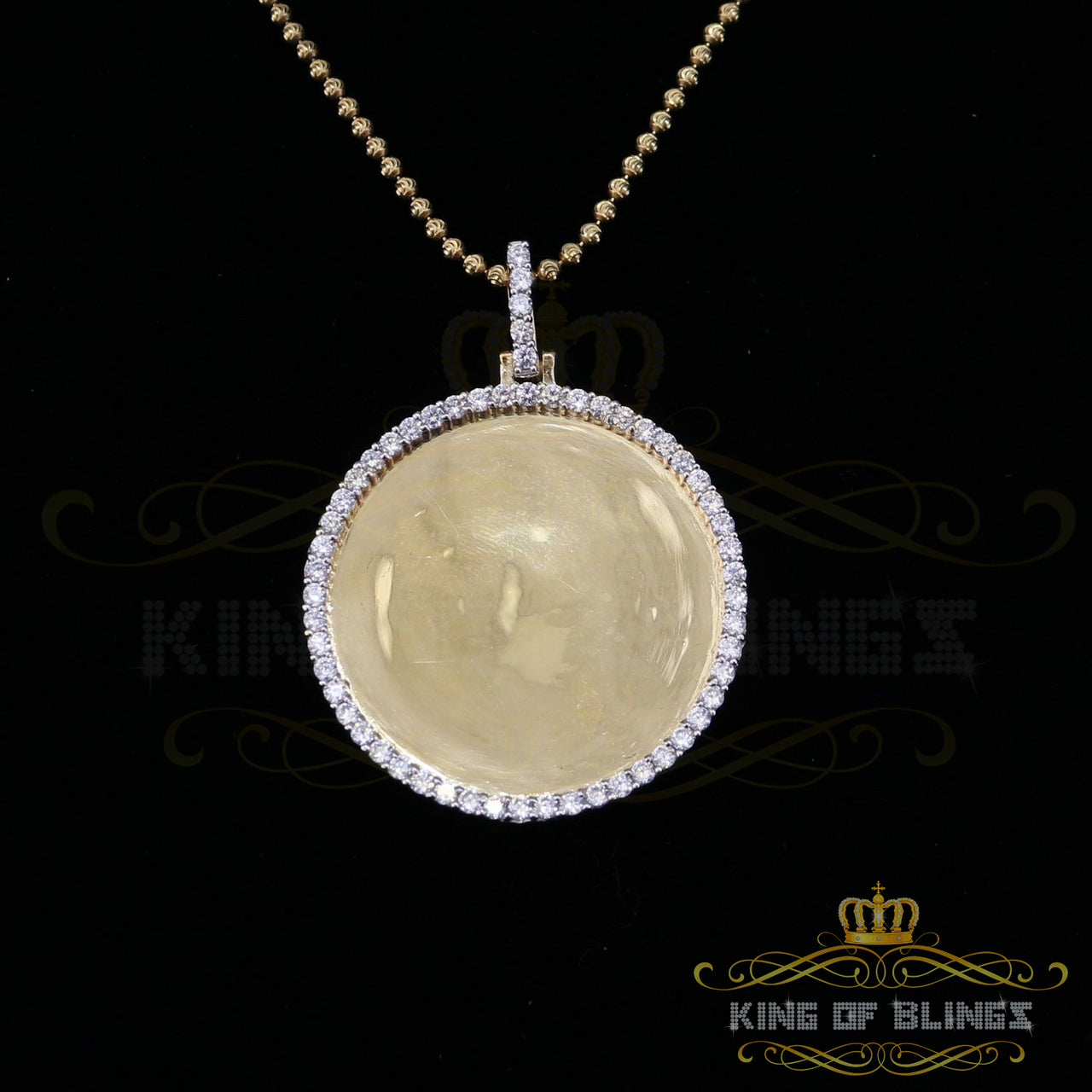 King of Bling's 1.50" Picture Round Yellow Pendant Round Sterling Silver 3.42ct Cubic Zirconia
