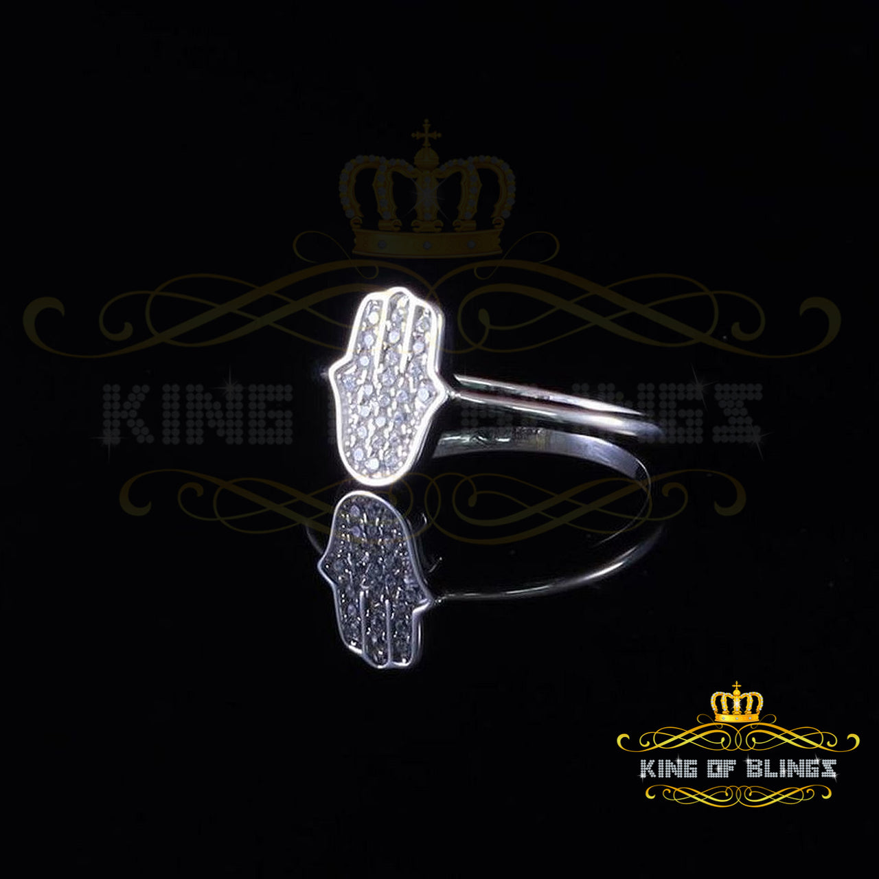 King Of Bling's925 Sterling White Silver Shiny Hamsa 0.40ct CZ Women's Ring Size 6