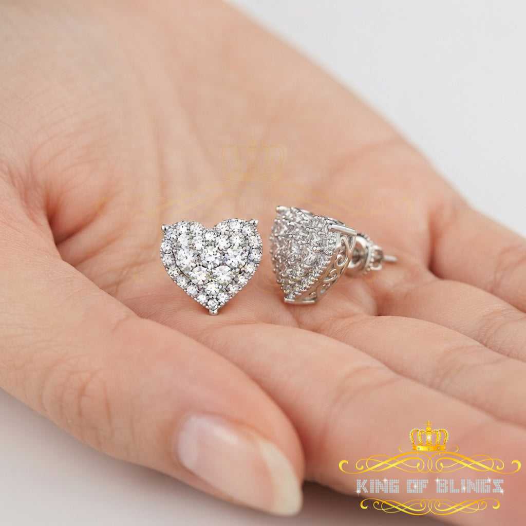 King of Bling's Aretes Para Hombre 925 White Silver 1.64ct Cubic Zirconia Heart Women's Earrings KING OF BLINGS
