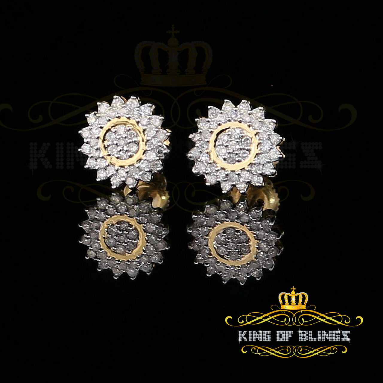 King Of Bling's 10K Real Yellow Gold with 0.35CT Real Diamond Men's/Women's Stud Floral Earrings