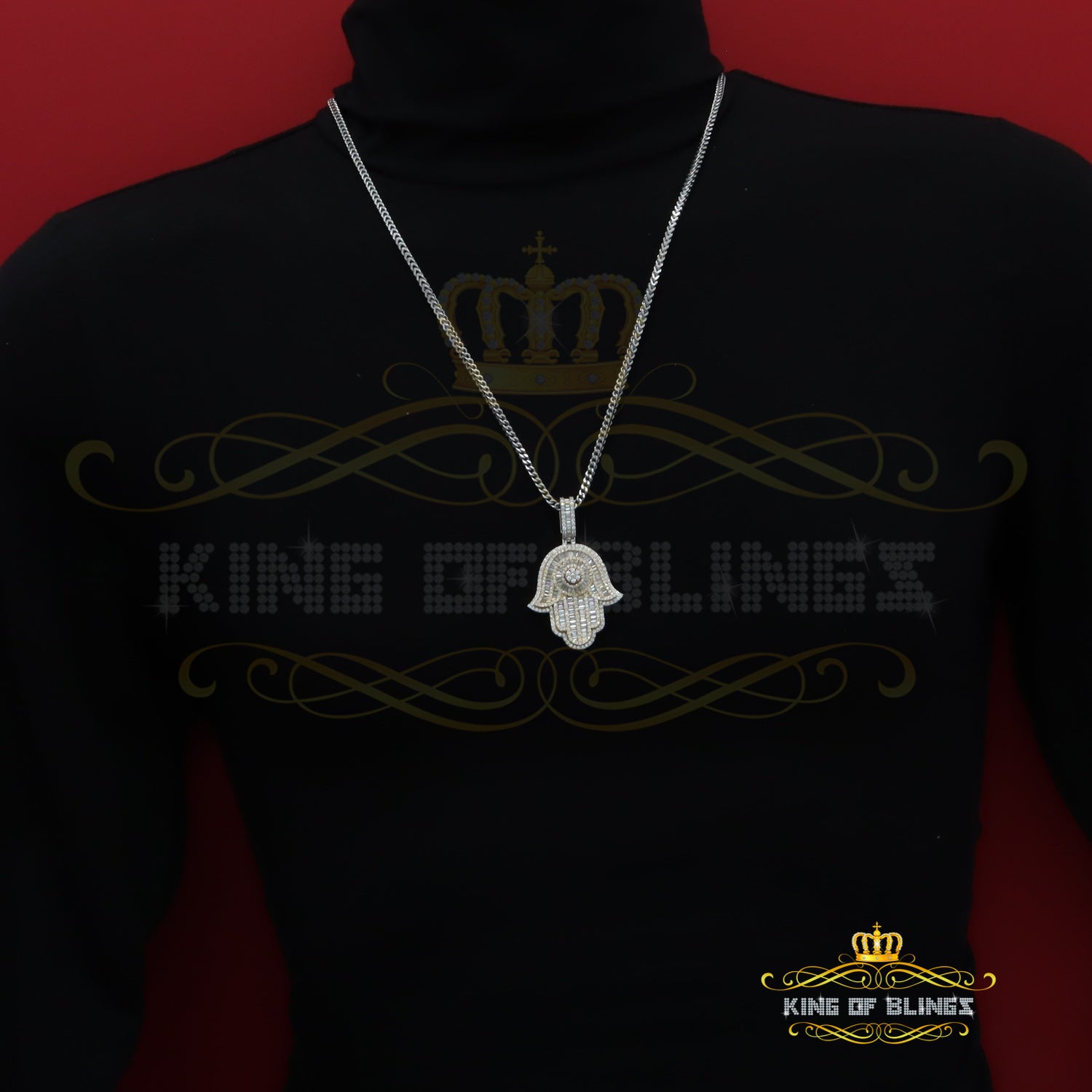 King Of Bling's White Sterling Silver Charm Hamsa Pendant 8.0ct VVS D Moissanite Men's & Women's KING OF BLINGS