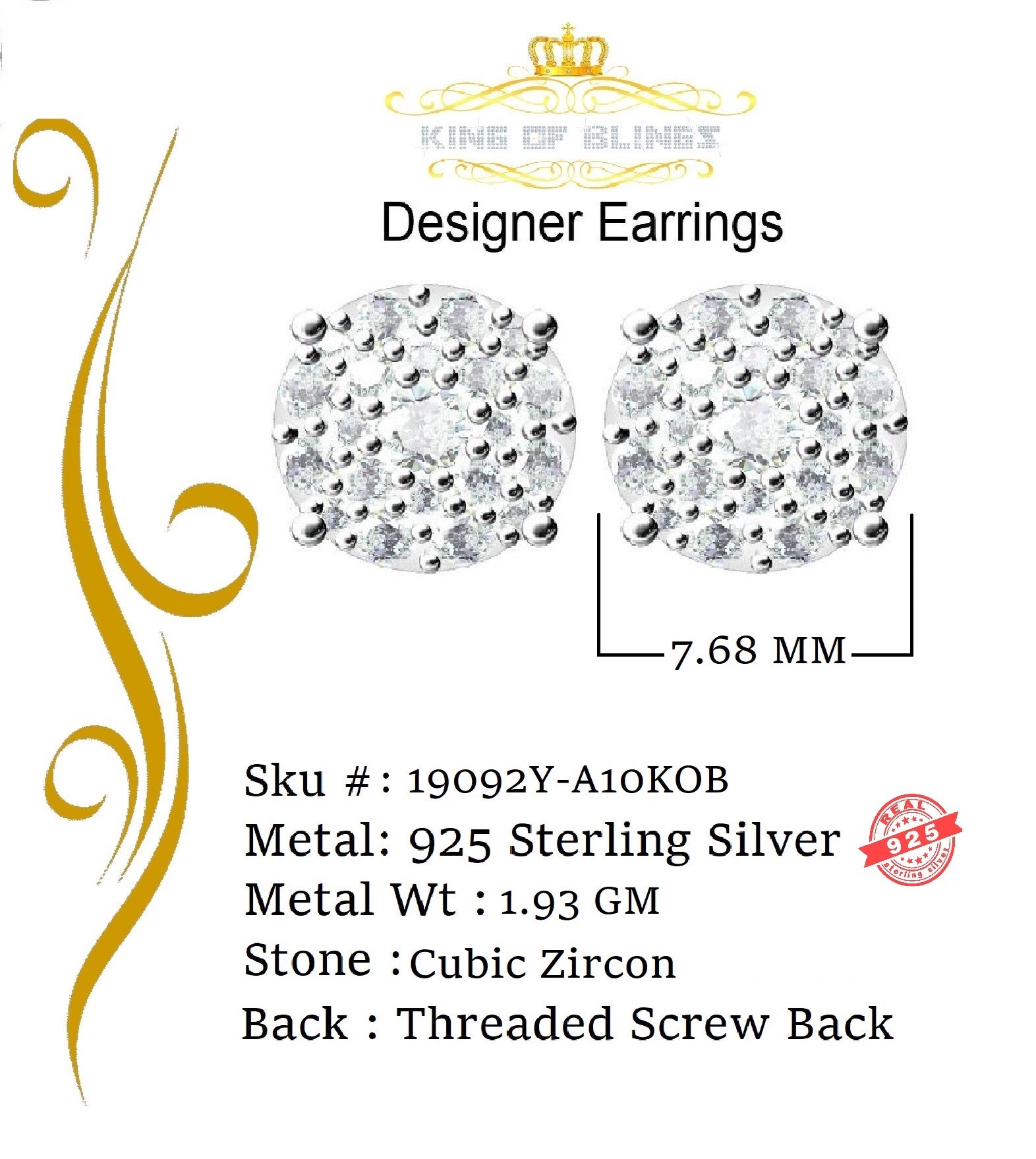 King of Bling's Aretes Para Hombre 925 Yellow Silver 0.66ct Cubic Zirconia Round Women's Earring KING OF BLINGS