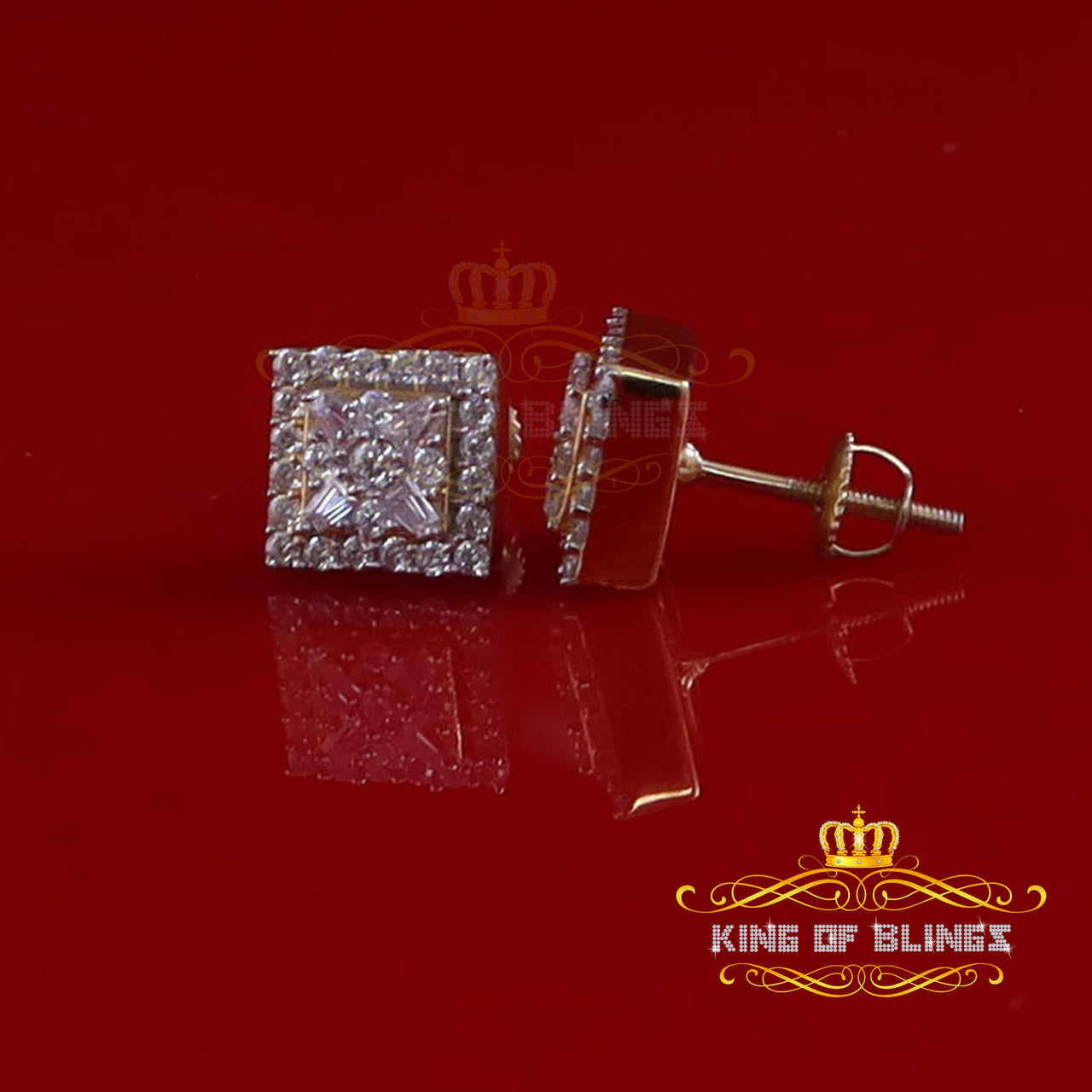 King  of Bling's 0.75ct Square Earrings For Mens & Womens Moissanite 925 Sterling Silver Yellow
