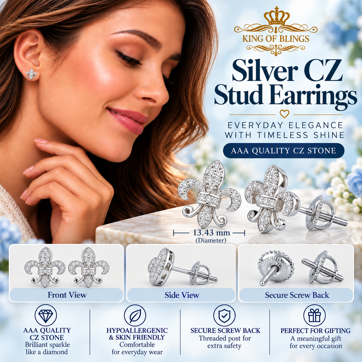King of Bling's 925 White Silver Women's Fleur de Lis Screw Back 0.36ct Cubic Zirconia Earrings KING OF BLINGS